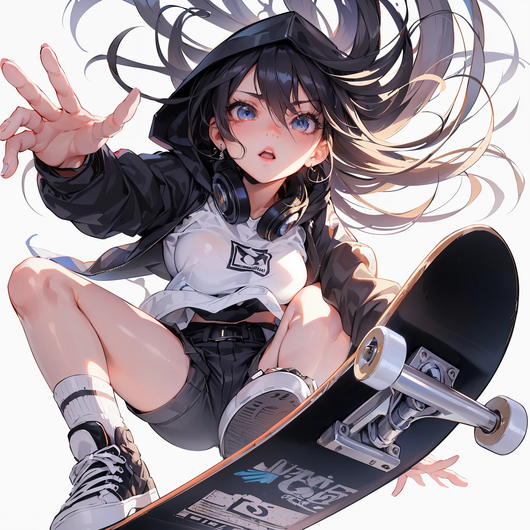 (Best Quality, masutepiece),ultra detailed photographic,1girl in, female skateboarder ,Large breasts,nice legs,Shoot the ball,At the skateboarding venue,Detailed beautiful face,Beautiful eyes,detailed hairs,detailed  clothes,Detailed realistic skin,Cool,Dynamic Angle,