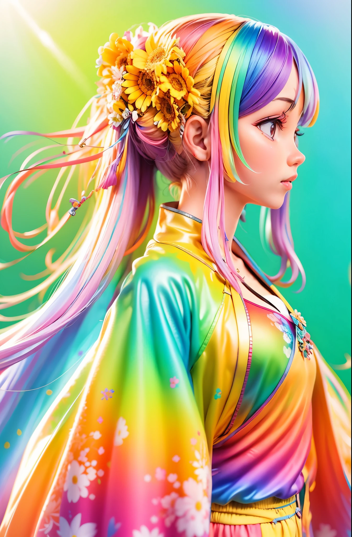 pixar-style，Cute girl with a flower in her hair，exteriors, Skysky, detailedbackground, Rainbow-colored clothes, Best quality at best