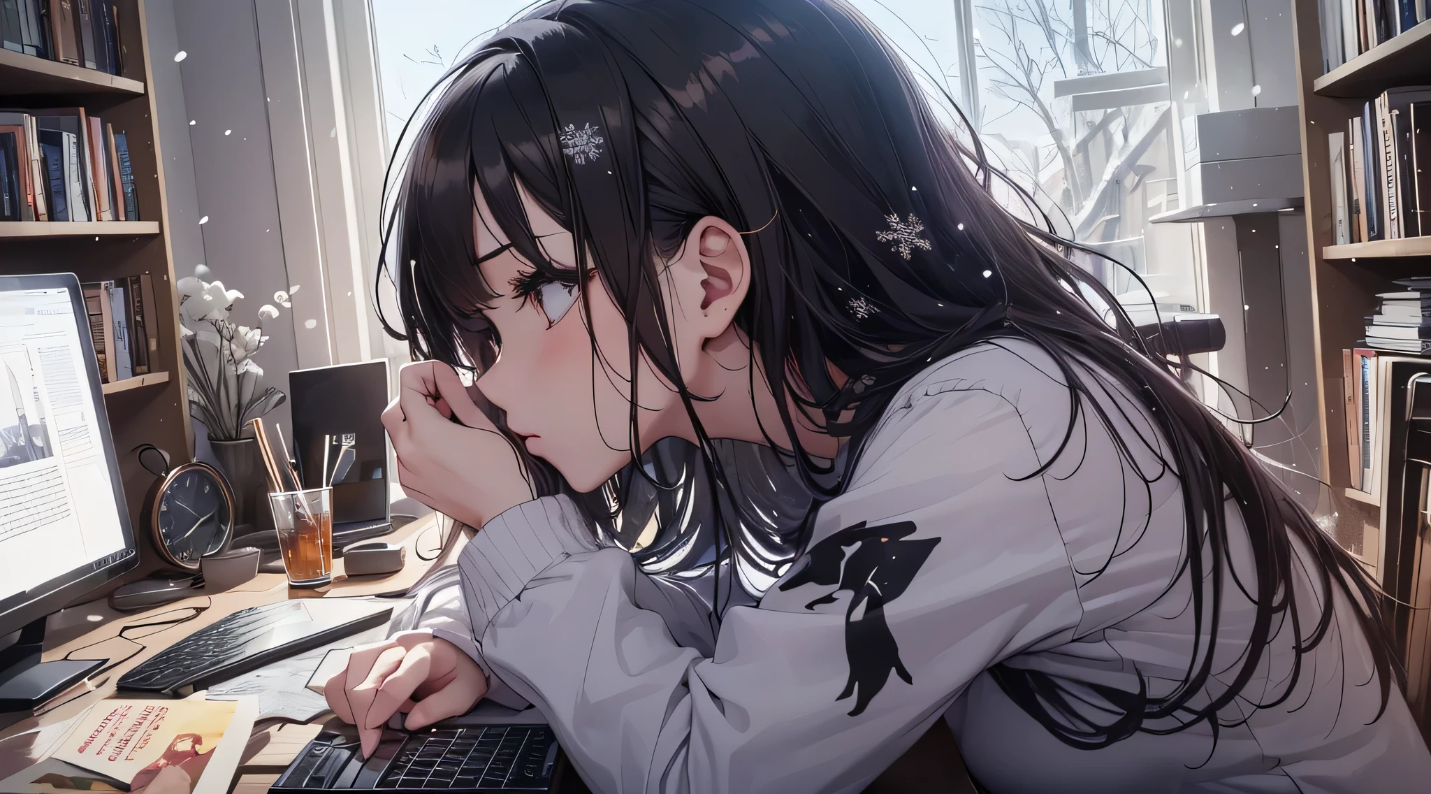 top-quality、Top image quality、masterpiece、 girl((Black Suit、18year old、 Ager、Best Bust、big bast,Black eyes, Black hair、poneyTail、A slender,Large valleys、sit a chair、personal computers操作している、get angry、pouty、Puff out cheeks)),hiquality、Beautiful Art、Background with((Calm room、bookcase、Black walls、window、The table、Hot milk、Christmas、personal computers、Aroma diffuser、))、Depth((nighttime scene、snow blowing、Oyuki、snowflakes falling))masterpiece、depth of fields,Cinematic style