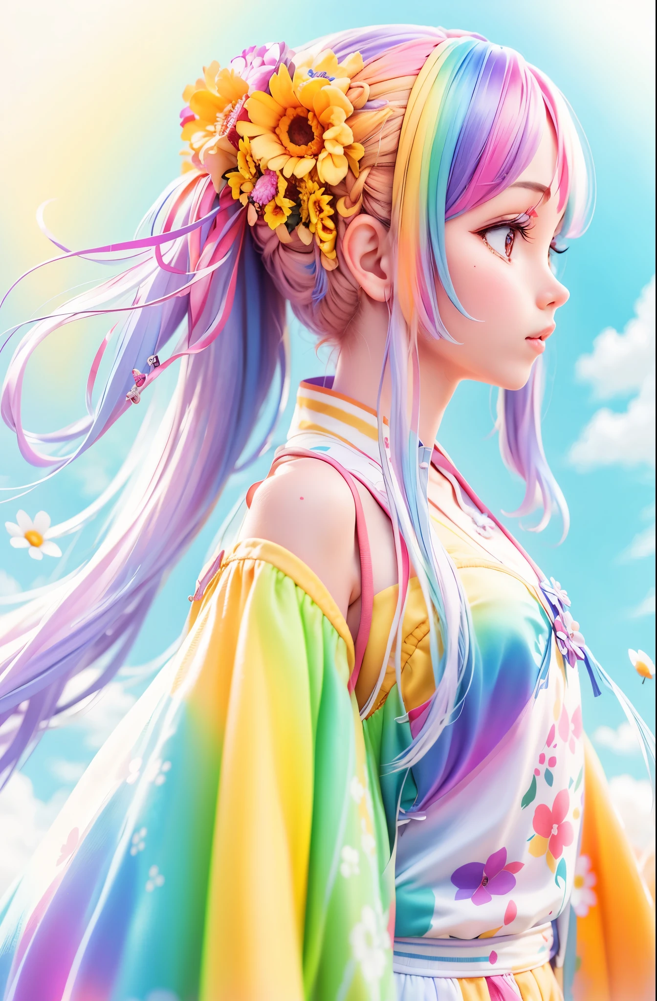pixar-style,Cute girl with a flower in her hair,exteriors, Skysky, detailedbackground, Rainbow-colored clothes, Best quality at best