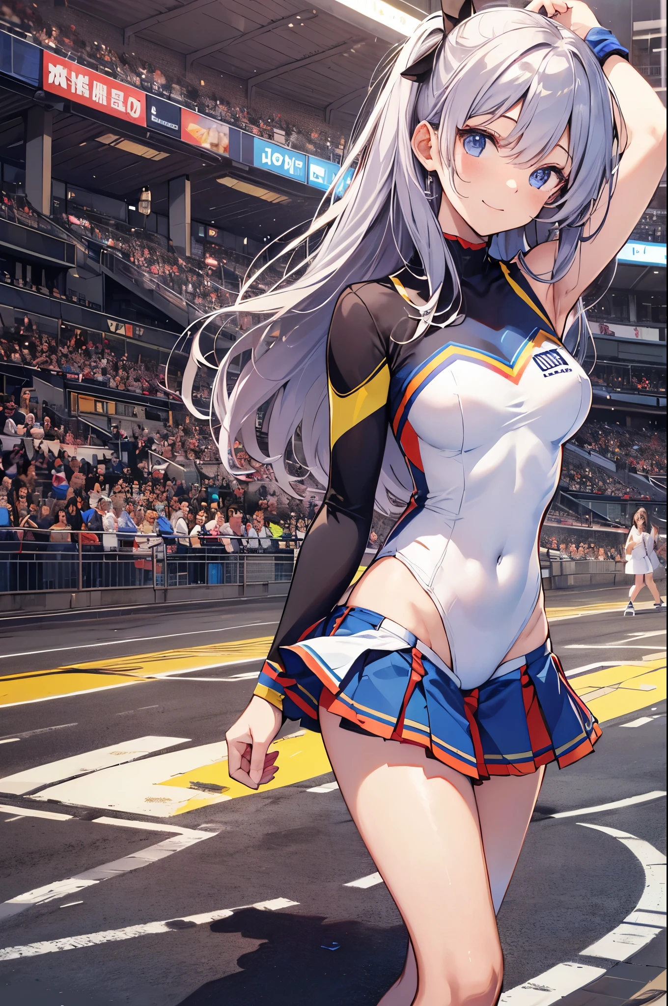 ((4k、8k、top-quality、perfect fingers: 1.3、perfect anatomia: 1.3、Background blur))、a beautiful slender girl、(transform sequence)、((stright long hair))、Soio、12 year old girl、Lori、Chiquita、a junior high school student、very beautiful big droopy eyes、((cheerleader leotard))、(highleg)、Tiara on the head、A smile、 Facing the front、Cheering seats for sports tournaments、Standing on one knee、