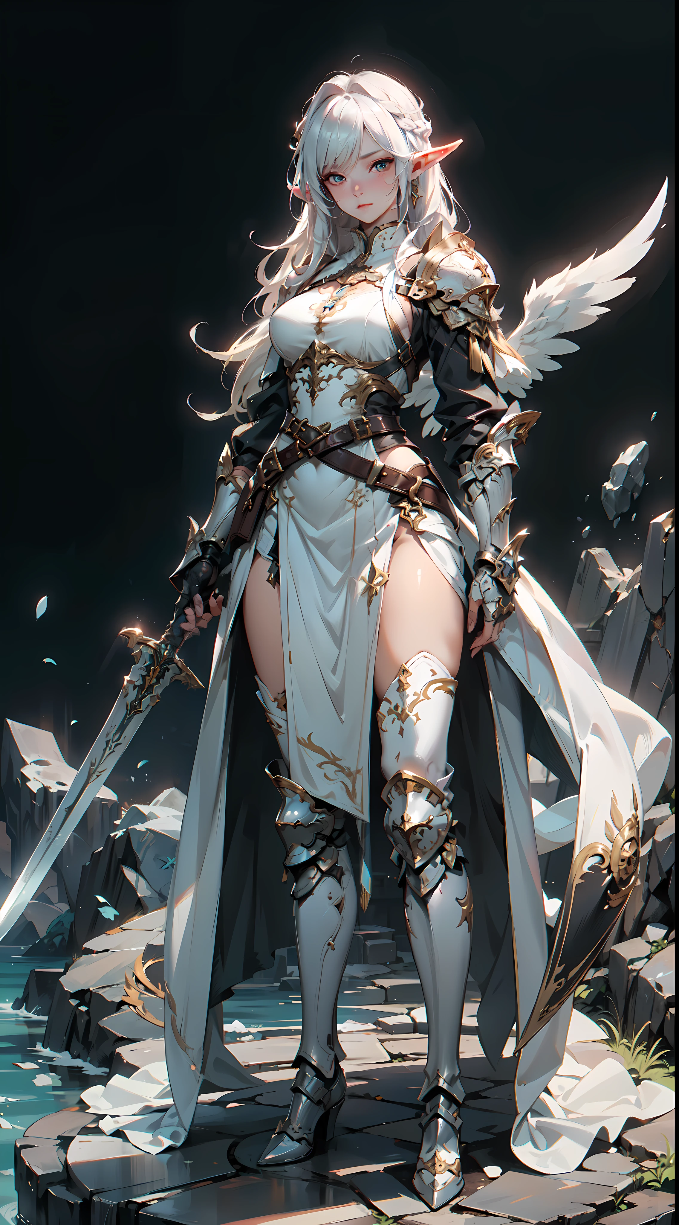 ((4k,masterpiece,best quality)), maxiskit, dress conservatively 1 girl, solo, full body, wide shoot, standing with white boots, holding sword down, white hair, long hair, elf ears, Valkyrie, armor, angel, Chest protector, side bang, from front, extra size body, night, mountain, look at viewer, dynamic pose, art style by Artgerm, by Kawacy, by Wadim kashin