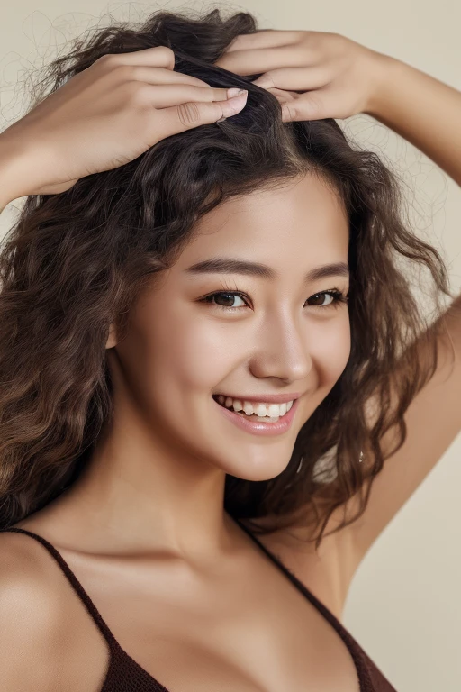 (8K, RAW Photography, top-quality, masterpiece: 1.45), (realisitic, Photorealsitic: 1.37), the beach, sand beach、beach house、during daytime, profetional lighting, photon maping, Radio City, physically-based renderingt, masterwork, lush detail, (Fine facial features),(finely eye), (clearface), (Detailed face description), (Detailed hand description), (masterpiece), 逼真, Extreme light and shadow, shiny skin,shiny hair、one girls, 18year old、cute little, seductive smile:1.2、happy、Winking gradient brown hair, white hair, short curly hair,Short、A slender、dual、dishevled hair, fine clavicle,((from side、cowboy shot:1.3))、Slouched:1.2、,(Knitted material deep V neckline slip dress, tiny chest,sideboob,flat chest,bare waist,cleavage:1.3)、Emphasis on waki、public indecency、(Increased Skin Texture Beauty:1.1),Immediately after getting out of the wator,fullllbody,