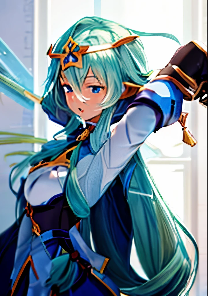 a close up of a woman with long hair and a sword, aqua from konosuba, ayaka genshin impact, keqing from genshin impact, genshin, blue scales covering her chest, genshin impact character, portrait knights of zodiac girl, cushart krenz key art feminine, hestia, ayaka game genshin impact