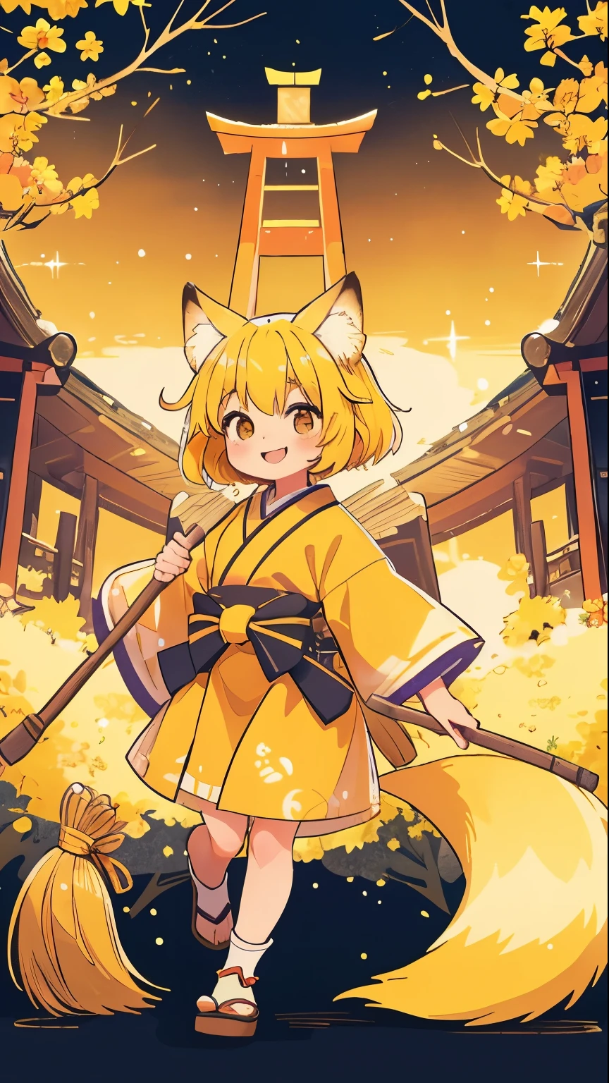 one girls。Cute s。Yellow hair。short-hair。yellow fox ears。yellow fox tail。A slight smil。see the beholder。Japan priestess costume。hold a long broom with both hands。The background is a shrine of Japan。