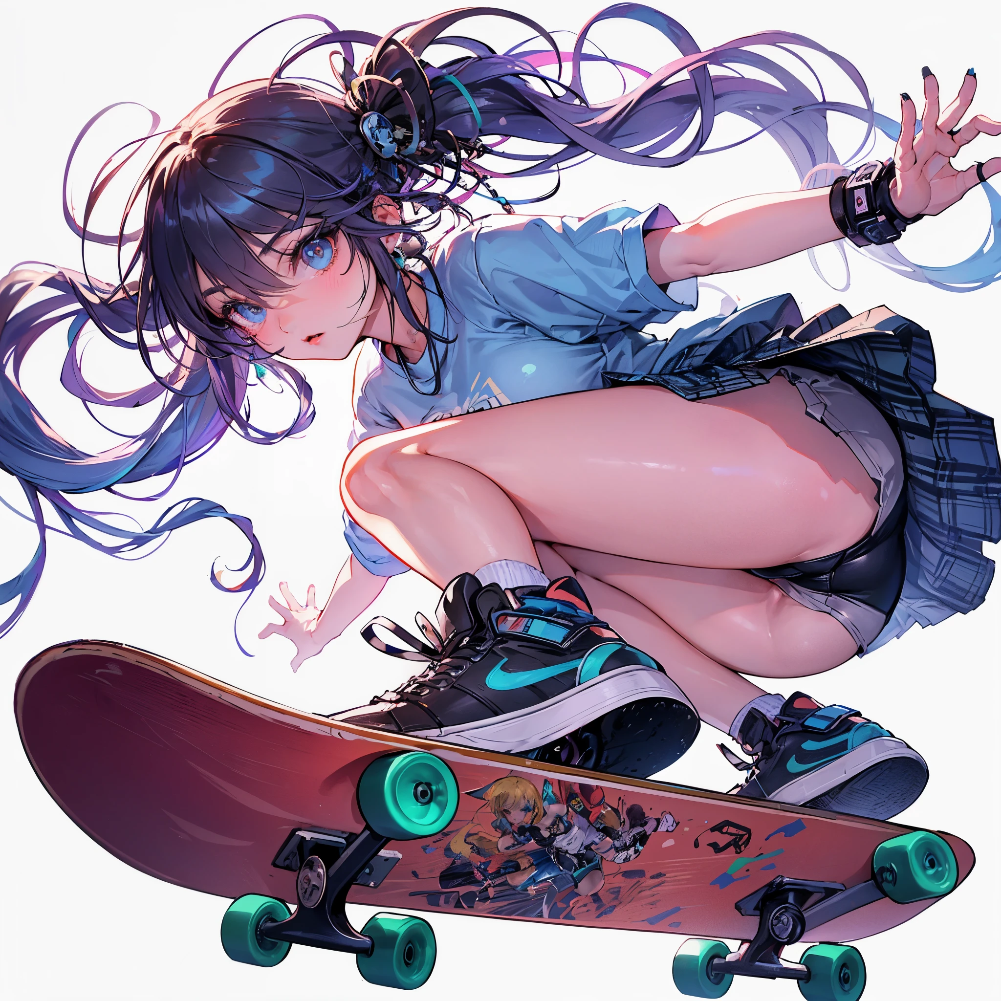 (Best Quality, masutepiece),ultra detailed photographic,1girl in, female skateboarder ,Large breasts,nice legs,Shoot the ball,At the skateboarding venue,Detailed beautiful face,Beautiful eyes,detailed hairs,detailed  clothes,Detailed realistic skin,Cool,Dynamic Angle,