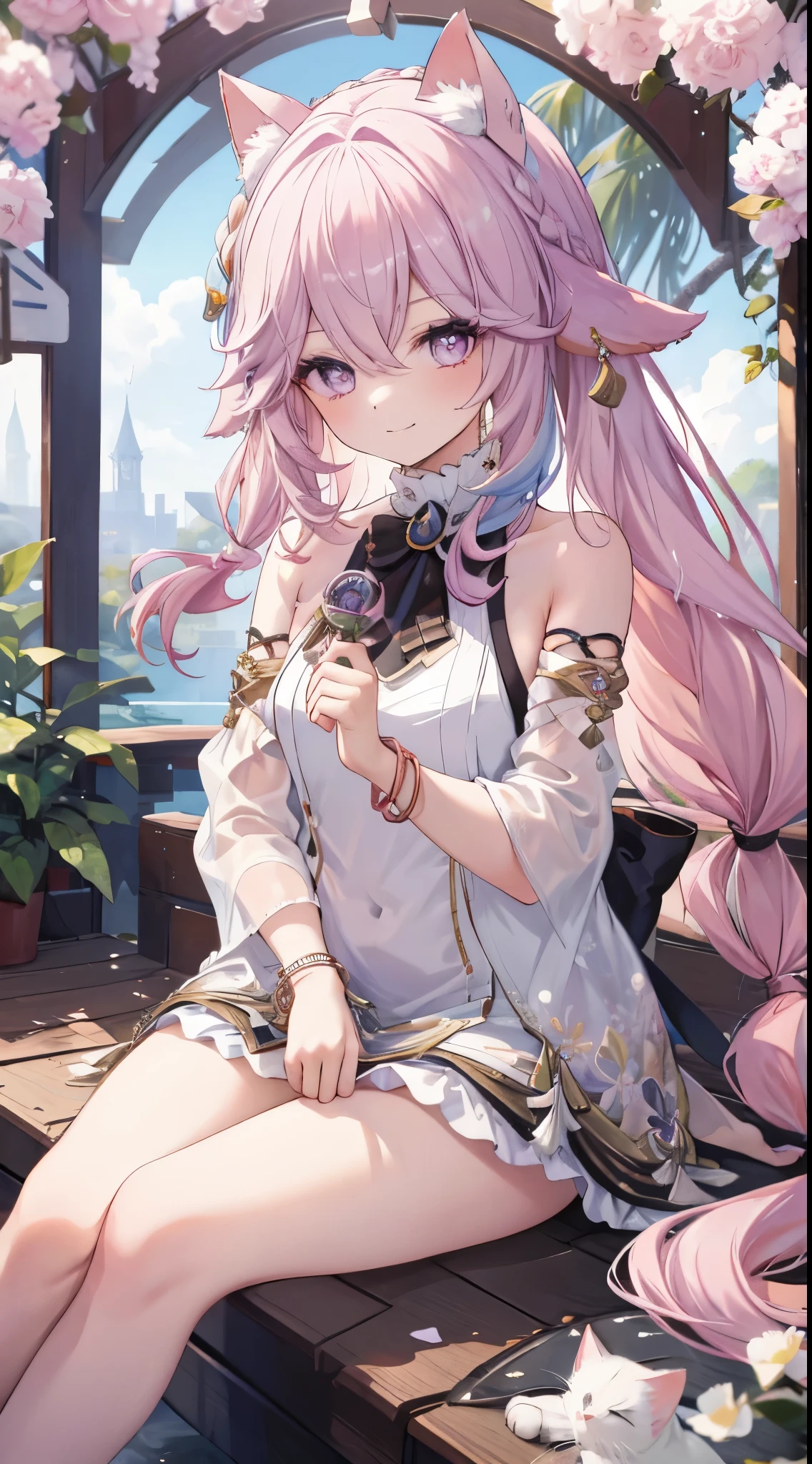 Eyes detailed，Full body photo,one-girl,meet,bare-legged，Barefoot，the watercolor style，Cat style,Public area display,sliver long hair,lightblue hair,Light pink hairstyle，Cat ears，a pink eyes，Lolita prostitute，meia blanca，Pink bow,mouth open smile,ligation bracelet,Superior image quality,Best quality at best