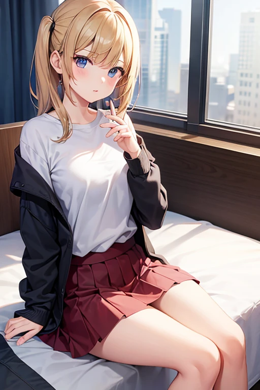 S-type gal wearing a miniskirt sitting on the bed