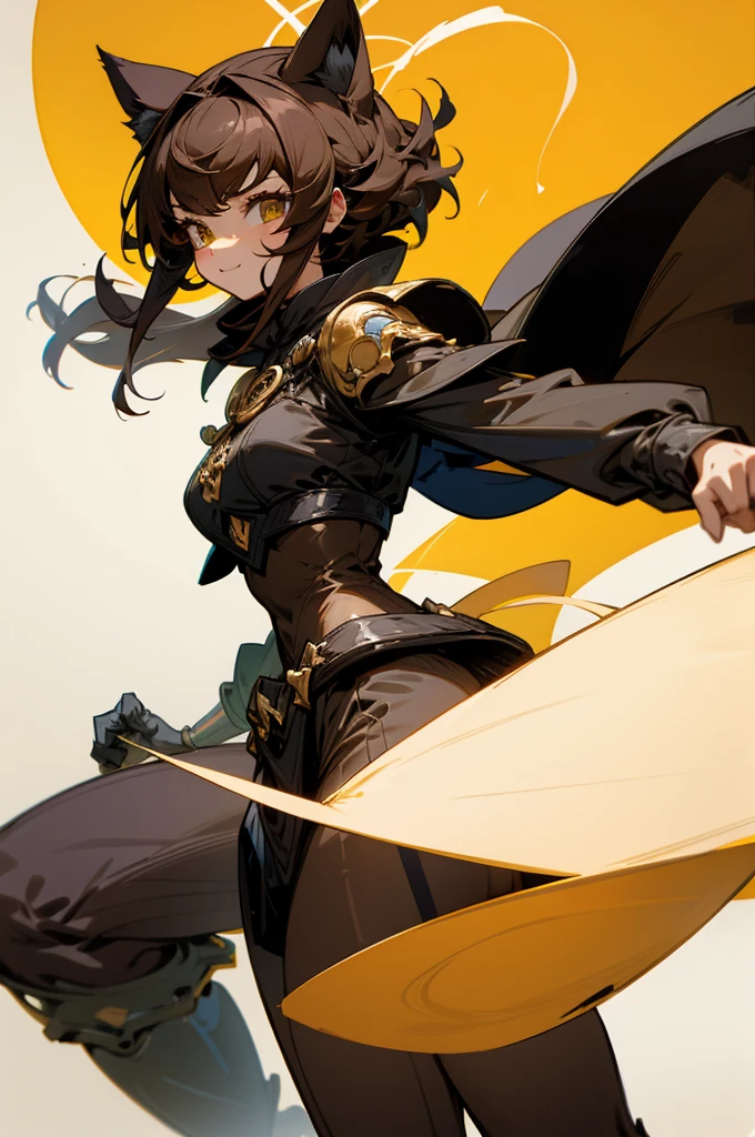beautiful young female warrior fighter with cat ears on her head, com rosto bem detalhado e bonito, belos olhos, belos olhos, rosto lindo, beautiful young woman wearing long brown leggings with black details, sueter apertado branco, standing in a castle, usando bota preta, cabelo comprido com franja preto, ,orelhas de gato, belo sorriso, tomboy, um pouco musculosa,suter branco com cinta em volta, olhar serio,usando jaqueta de couro apertado preto, com ombreiras de prata nos ombros