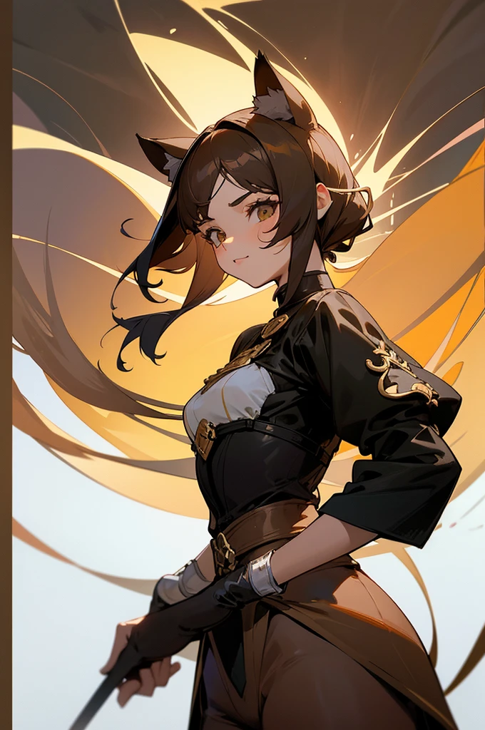 beautiful young female warrior fighter with cat ears on her head, com rosto bem detalhado e bonito, belos olhos, belos olhos, rosto lindo, beautiful young woman wearing long brown leggings with black details, sueter apertado branco, standing in a castle, usando bota preta, cabelo comprido com franja preto, ,orelhas de gato, belo sorriso, tomboy, um pouco musculosa,suter branco com cinta em volta, olhar serio,usando jaqueta de couro apertado preto, com ombreiras de prata nos ombros