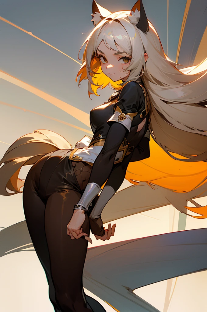 beautiful young female warrior fighter with cat ears on her head, com rosto bem detalhado e bonito, belos olhos, belos olhos, rosto lindo, beautiful young woman wearing long brown leggings with black details, sueter apertado branco, standing in a castle, usando bota preta, cabelo comprido com franja preto, ,orelhas de gato, belo sorriso, tomboy, um pouco musculosa,suter branco com cinta em volta, olhar serio,usando jaqueta de couro apertado preto, com ombreiras de prata nos ombros