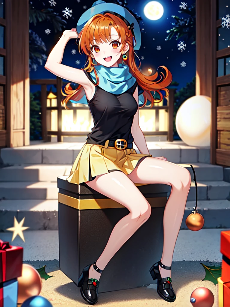 photographrealistic, Sense of depth, Absurd resolution, High resolution, 8K, 4K, detail, Best Quality,, ultra-detailliert,

((Princess Alina in DQ4)), ((Blue tricorn hat)), ((dark orange hair)), (shoulder-length hair), fluffy hair,  (Blunt bangs), (blue scarf), , Orange Eyes, ((slender)), ((small tits)), 
(((Christmas))), (sitting), ((full moon)), ((Black tee shirt)), ((Yellow miniskirt)),
Smile, Open mouth, Looking at the camera, full-face blush, Full body shot,