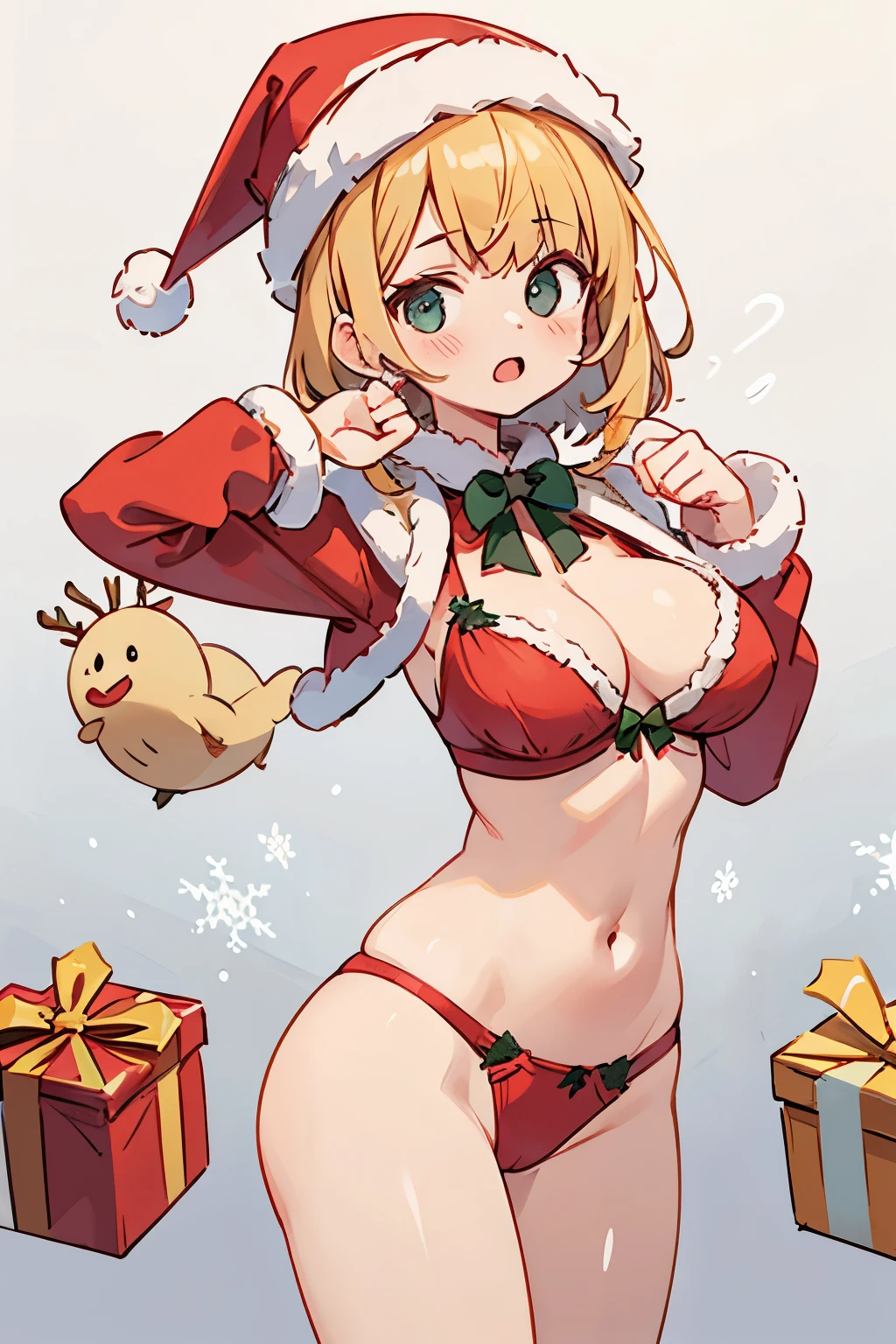mujer rubia , pelo largo rubio , rubia , cuerpo completo , grandes tetas, gran trasero, voluptuoso, piernas abiertas , pose sexy , escote , Christmas hat , Christmas Clothes, nieve , christmas red lingerie