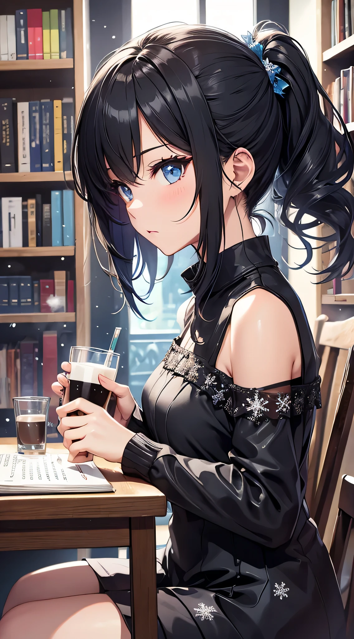 top-quality、Top image quality、masterpiece、 girl((Black Suit、18year old、 Ager、Best Bust、big bast,Black eyes, Black hair、poneyTail、A slender,Large valleys、sit a chair、personal computers操作している、get angry、pouty、Puff out cheeks)),hiquality、Beautiful Art、Background with((Calm room、bookcase、Black walls、window、The table、Hot milk、Christmas、personal computers、Aroma diffuser、))、Depth((nighttime scene、snow blowing、Oyuki、snowflakes falling))masterpiece、depth of fields,Cinematic style