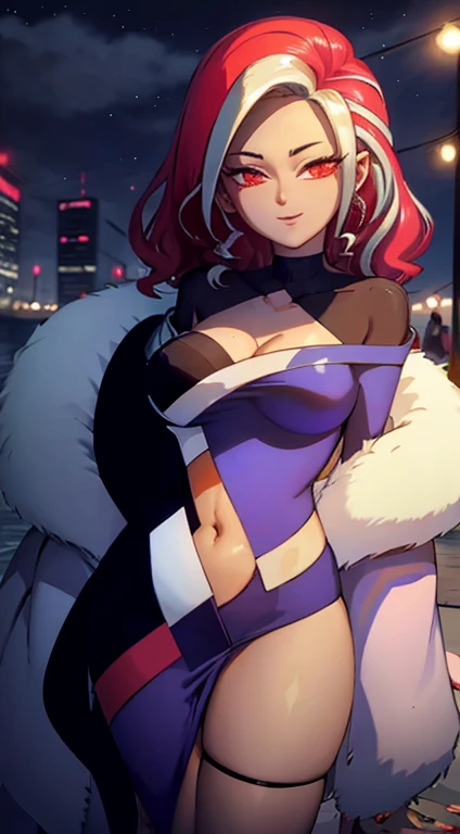 (CG extremadamente detallado), (La mejor calidad), 1girl, Cara perfecta, piel brillante, Piel lustrosa, caderas anchas, cintura estrecha, spiderlily,multicoloPelo rojo ,cana ,ojos rojos ,Pelo rojo ,Cabello bitono ,senos ,cabello rayado ,red nails ,sadistic smile, sonrisa malvada, Bikini rojo, ombligo,stomach,