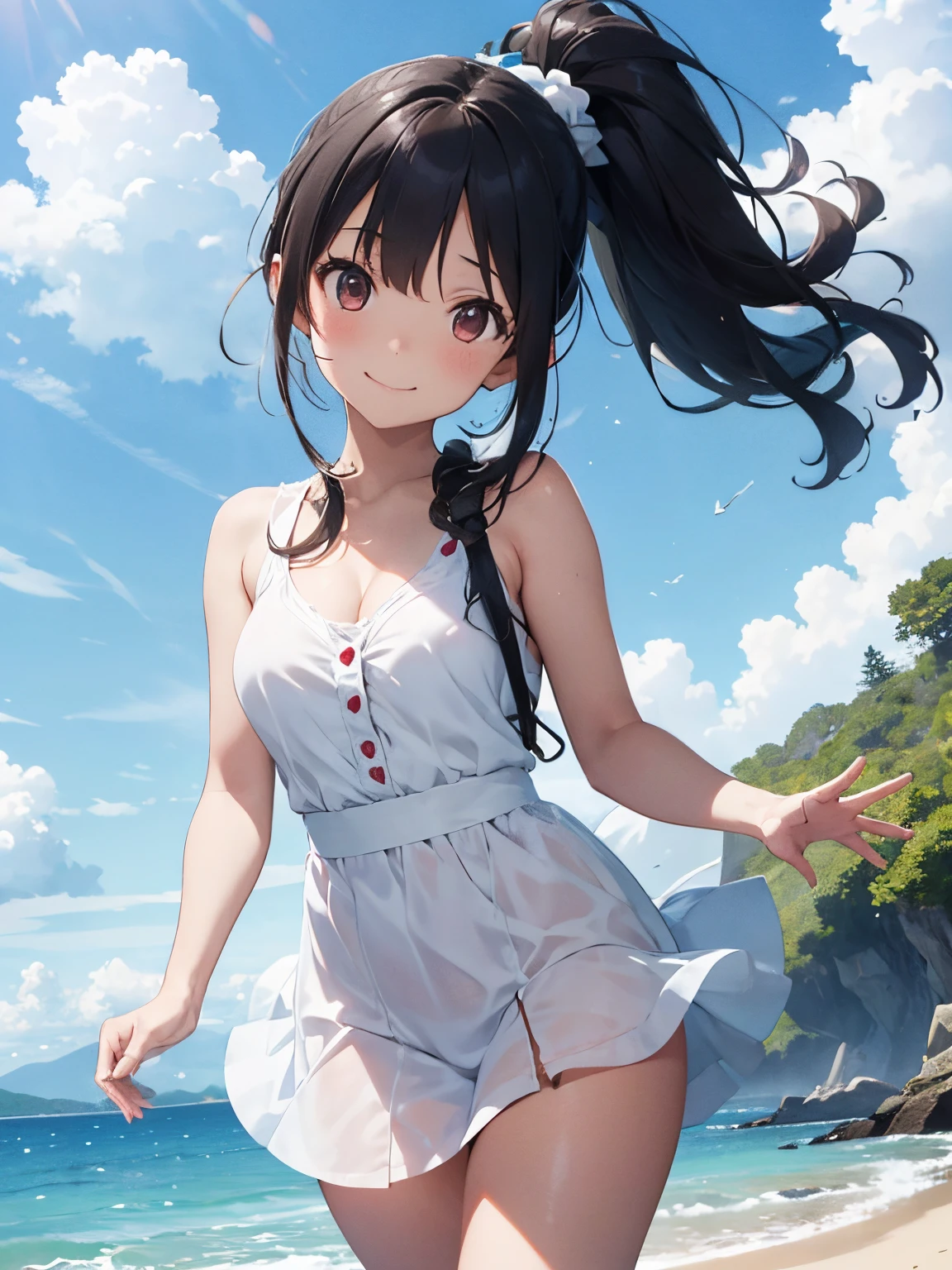 girl,Waving loudly with a remote island in the background,Hairstyle Ponytail,Summery white dress,Beautiful breasts,Watching me,A smile,Takamichi style