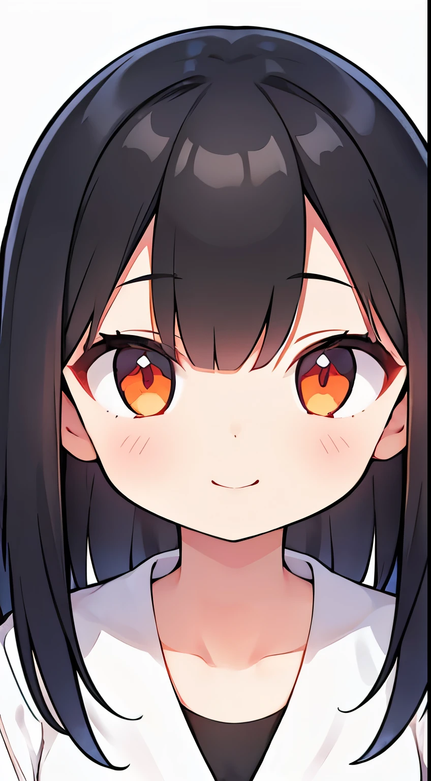 One girl with black hair, hair length until bust, straight hair, hair parted in center of head, round face. hairstyle with a center part, that the hair should be parted down the middle, creating a symmetrical look without any frontal hair covering the forehead. Looking straight. Looking straight at viewers. Smiling. Happy. Wearing casual shirt. Straight pose. Frontal view