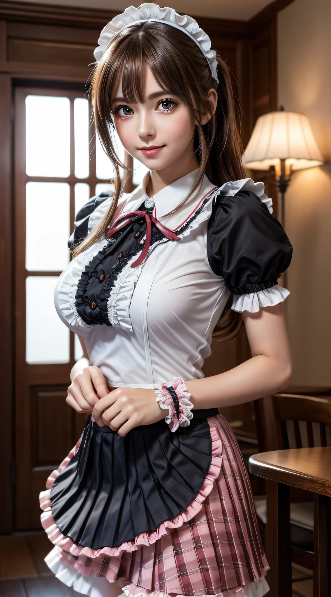 (ung girlrown hair, Amazing face and eyes, Pink eyes, seducting smile, (Maid café costume with frills, Pleated mini-skirt:1.5), (Wide open maid cafe costume:1.2), bared chest, (amazingly beautiful girl), Brown hair, Stylish hair ornamen Quality:1.4), (Ultra-detailed), (extremely detailed CG unified 8k wallpaper), Highly detailed, High-definition raw color photos, Professional Photography, depth of fields, (View from below),