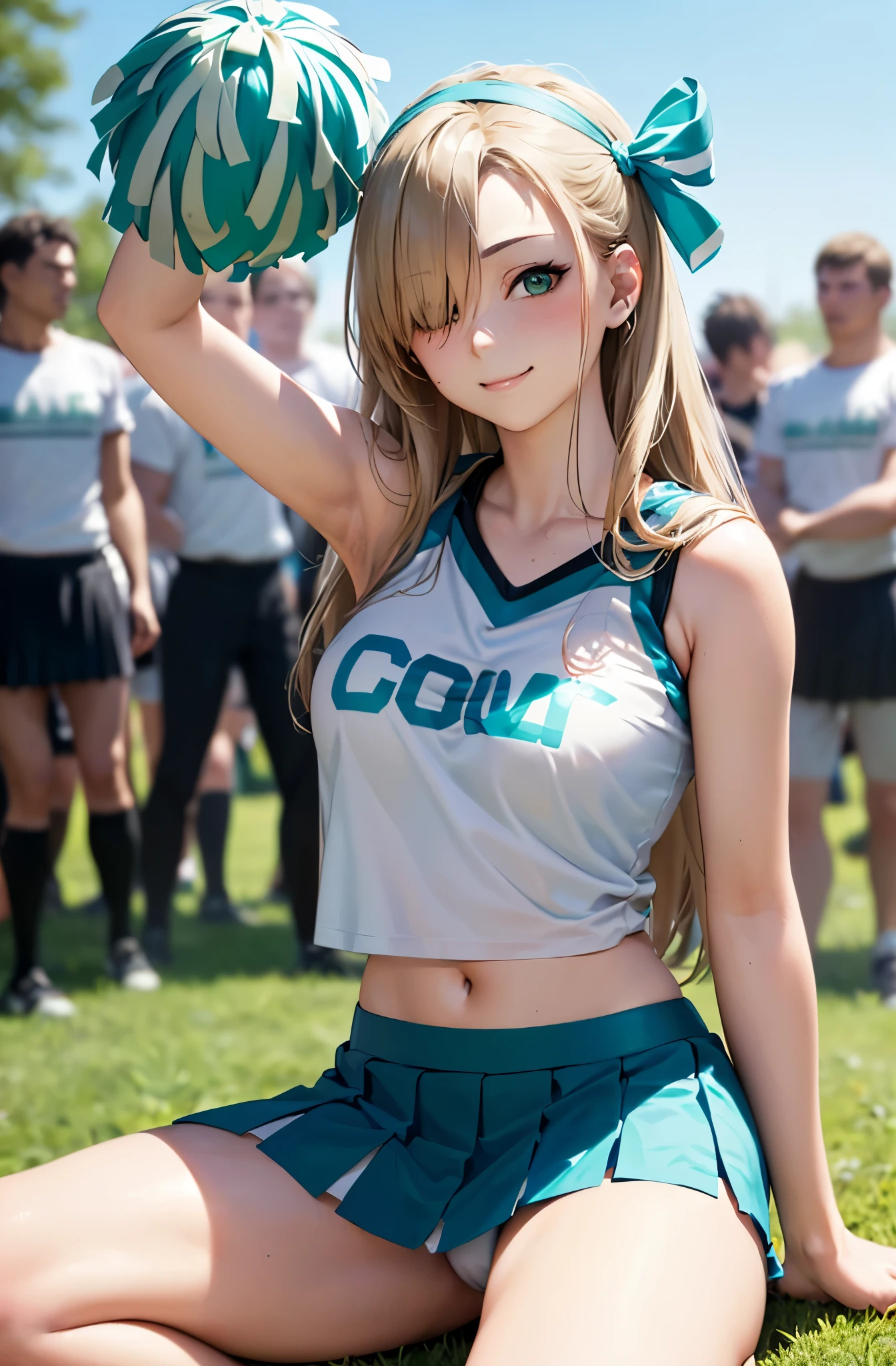 (masutepiece:1.5)、(top-quality:1.5)、(16k wallpaper:1.2)、(Photorealsitic:1.2)、(ultra-detailliert:1.2)、(超A high resolution:1.2)、(Highly detailed and realistic skin:1.2)、(Surrounded by a crowd of men:1.5)、On the school grass playground、18-year-old cheerleader、Very detailed and beautiful sharp eyes、Powerful and beautiful eyeshadow、(Slender woman with body shape:1.2)、Natural Color Lip、(long blonde hair covering one eye)、(teal cheerleading miniskirt:1.3)、(holding a pom pom:1.2)、(Sit with your knees:1.3)、Cute smile that looks embarrassing、(white sleeveless cheerleading shirt:1.3)、(White panties visible through the skirt)