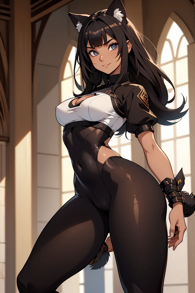 the whole body of a beautiful young female warrior fighter with cat ears on her head, com rosto bem detalhado e bonito, belos olhos, belos olhos, rosto lindo, beautiful young woman wearing long brown leggings with black details, sueter apertado branco, standing in a castle, usando bota preta, cabelo comprido com franja preto, ,orelhas de gato, belo sorriso, tomboy, um pouco musculosa,suter branco com cinta em volta, olhar serio,usando jaqueta de couro apertado preto