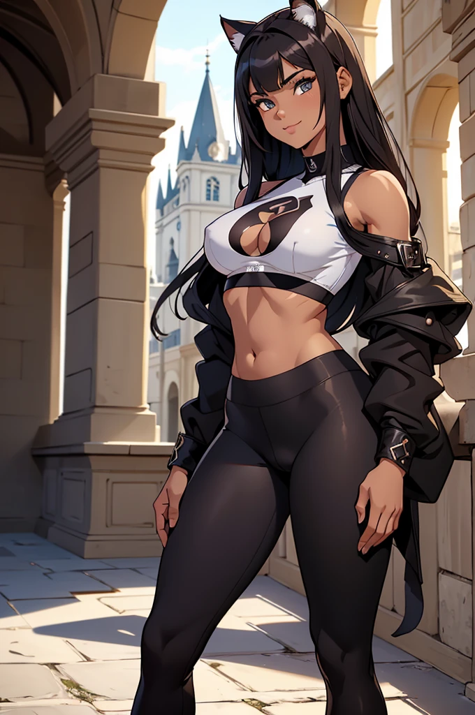 the whole body of a beautiful young female warrior fighter with cat ears on her head, com rosto bem detalhado e bonito, belos olhos, belos olhos, rosto lindo, beautiful young woman wearing long brown leggings with black details, sueter apertado branco, standing in a castle, usando bota preta, cabelo comprido com franja preto, ,orelhas de gato, belo sorriso, tomboy, um pouco musculosa,suter branco com cinta em volta, olhar serio,usando jaqueta de couro apertado preto