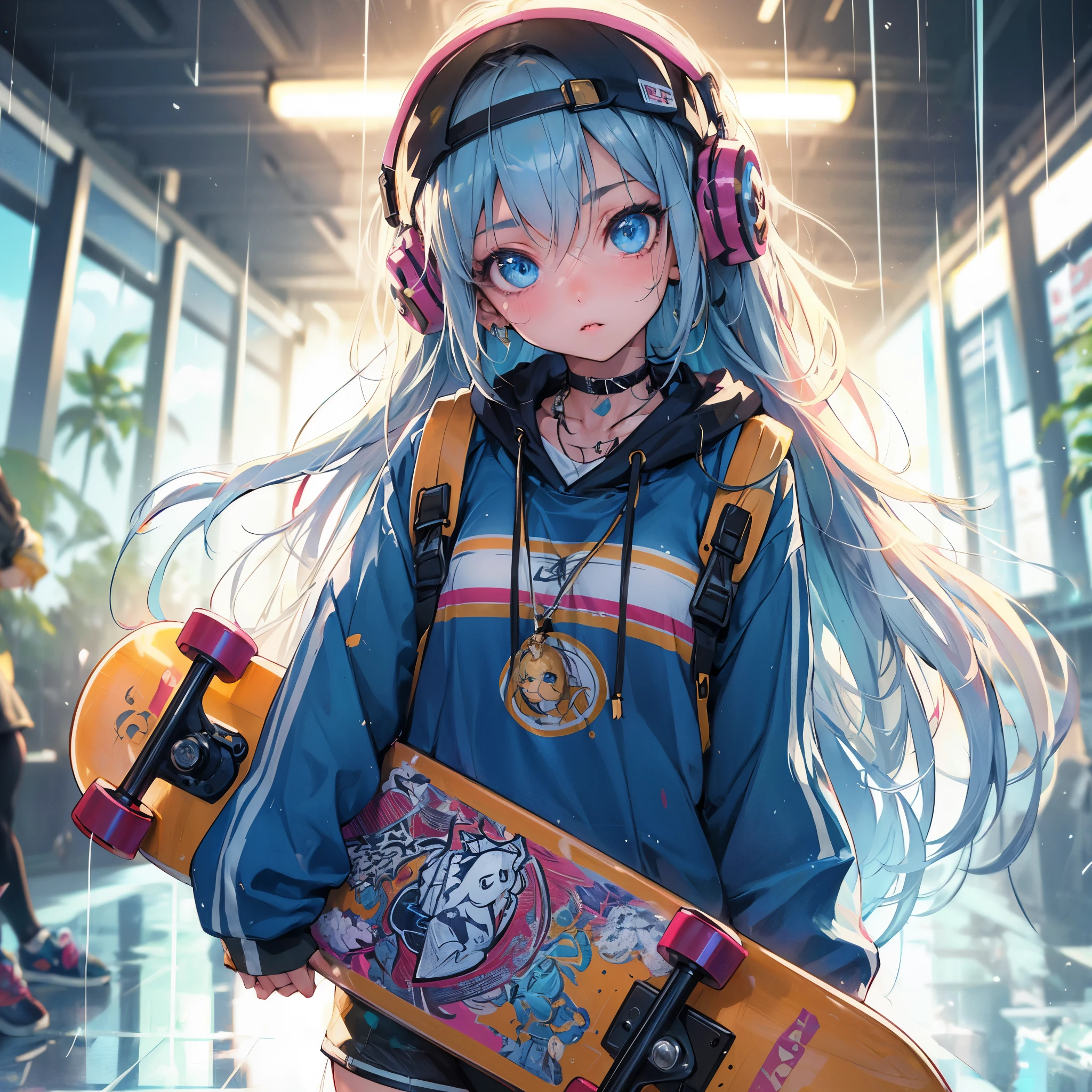 (Best Quality, masutepiece),ultra detailed photographic,1girl in, female skateboarder ,Large breasts,nice legs,Shoot the ball,At the skateboarding venue,Detailed beautiful face,Beautiful eyes,detailed hairs,detailed  clothes,Detailed realistic skin,Cool,Dynamic Angle,