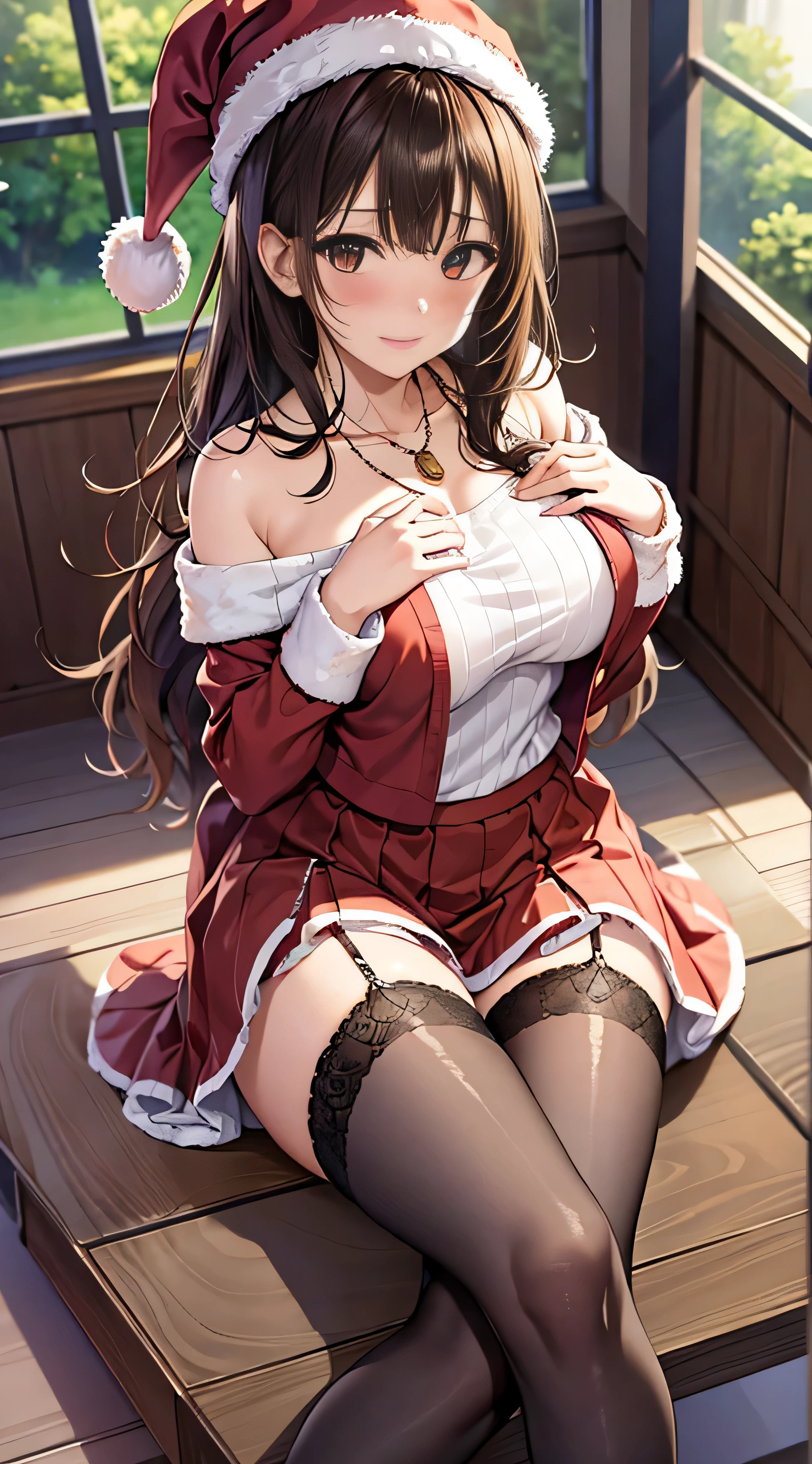 ((masutepiece, Best Quality, hight resolution, nffsw, Perfect Pixel, 4K, nffsw, nffsw))), 1girl in, Single, Solo, Beautie、full body seen、 ((Medium length wavy hair, Bangs, Brown hair)), ((Brown-eyed, Beautiful eyelashes, Realistic eyes)), ((Detailed face, Blushing:1.2)), ((Smooth texture:0.75, Realistic texture:0.65, Photorealistic:1.1, Anime CG style)), medium breasts, Dynamic Angle, Perfect body, ((Santa Claus Costume、 red and white knit hat、Red off-the-shoulder sweater、red and white long flared skirt、 Black stockings、high-heels)), Kamimei、a necklace、耳环、Classrooms without people、Sit on a desk、Lower'I took my foot off the desk.......................................、early evening、、、Very embarrassing panic smile、(((Lift the skirt with your right hand、rubbing the chest with the left hand、Open both legs、Open your knees wide)))、(Pink floral lace panties)、、、Angle from below