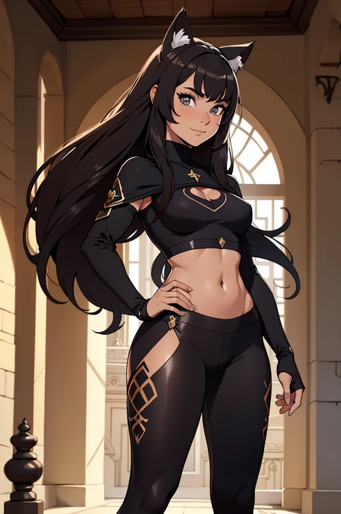 beautiful young female warrior fighter with cat ears on her head, com rosto bem detalhado e bonito, belos olhos, belos olhos, rosto lindo, beautiful young woman wearing long brown leggings with black details, sueter apertado branco, standing in a castle, usando bota preta, cabelo comprido com franja preto, ,orelhas de gato, belo sorriso, tomboy, um pouco musculosa,suter branco com cinta em volta, olhar serio