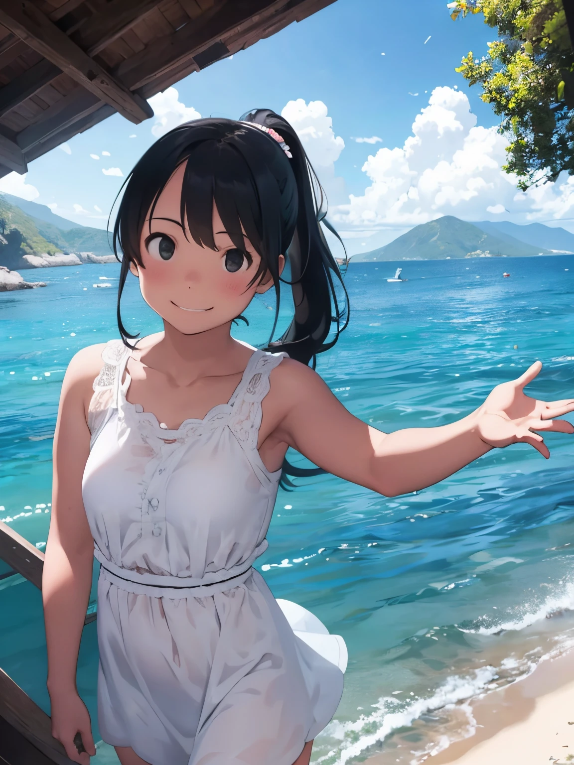  girl,Waving loudly with a remote island in the background,Hairstyle Ponytail,Summery white dress,Beautiful breasts,Watching me,A smile