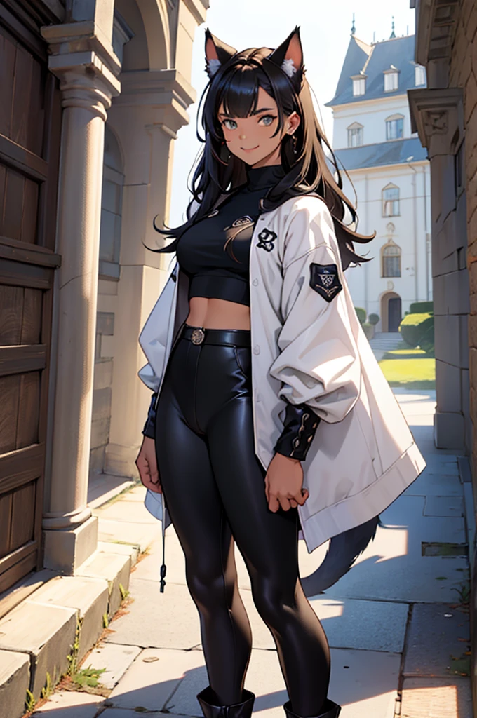 the whole body of a beautiful young female warrior fighter with cat ears on her head, com rosto bem detalhado e bonito, belos olhos, belos olhos, rosto lindo, beautiful young woman wearing long brown leggings with black details, sueter apertado branco, standing in a castle, usando bota preta, cabelo comprido com franja preto, ,orelhas de gato, belo sorriso, tomboy, um pouco musculosa,suter branco com cinta em volta, olhar serio,usando jaqueta de couro apertado preto