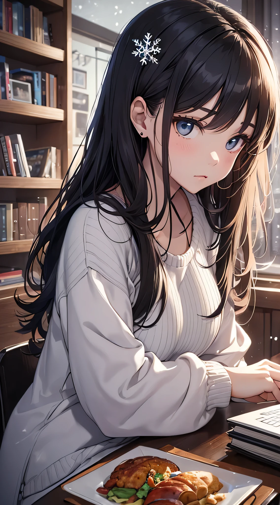 top-quality、Top image quality、masterpiece、Teenage girl((Black Suit、18year old、 Ager、Best Bust、big bast,Black eyes, Black hair、poneyTail、A slender,Large valleys、sit a chair、personal computers操作している、get angry、pouty、Puff out cheeks)),hiquality、Beautiful Art、Background with((Calm room、bookcase、Black walls、window、The table、Hot milk、Christmas、personal computers、Aroma diffuser、))、Depth((nighttime scene、snow blowing、Oyuki、snowflakes falling))masterpiece、depth of fields,Cinematic style