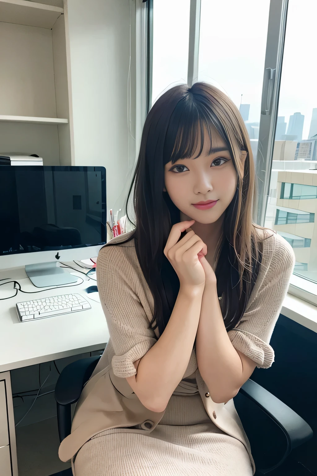 1 girl m、japanse、 (Soio)、18year old、(Sitting on a chair in the office)、She's looking at it、(ultra cute girl:1.5)、(A detailed face)、Textured Leather、Bare legged、Brown hair、(Suits)、Office at work、office desk and chair、The window is full of night views and buildings.