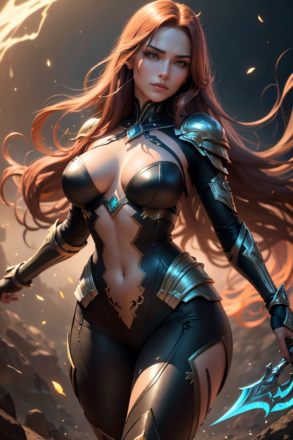 (best quality,4k,8k,Altas,master part:1.2),ultra-detalhado,(Realistic,photoRealistic,photo-Realistic:1.37),Retrato de Gamora,pele verde,Fierce and confident expression,Vestindo armadura de couro preto,sharp and precise facial features,longos cabelos ruivos fluindo ao vento,Detailed green eyes with a hint of mystery and danger,sobrancelha levemente levantada acentuando a intensidade,sorriso sutil, mas cativante,holding a deadly double-bladed sword with intricate engravings,Background adorned with lush alien flora,illuminated by a soft ethereal glow,Vivid colors enhancing the sci-fi atmosphere,subtle glowing particles floating in the air,elevated perspective showing your powerful presence,contraste perfeitamente equilibrado de luz e sombra,enfatizando sua postura forte e graciosa,Meticulous attention to the textural details of your armor,exquisite rendering of light reflections on shiny surfaces,exibindo uma mistura de elementos futuristas e antigos no design,combining strength and elegance in a captivating harmony,overall composition exuding a sense of majestic beauty while embodying his fierce warrior spirit.