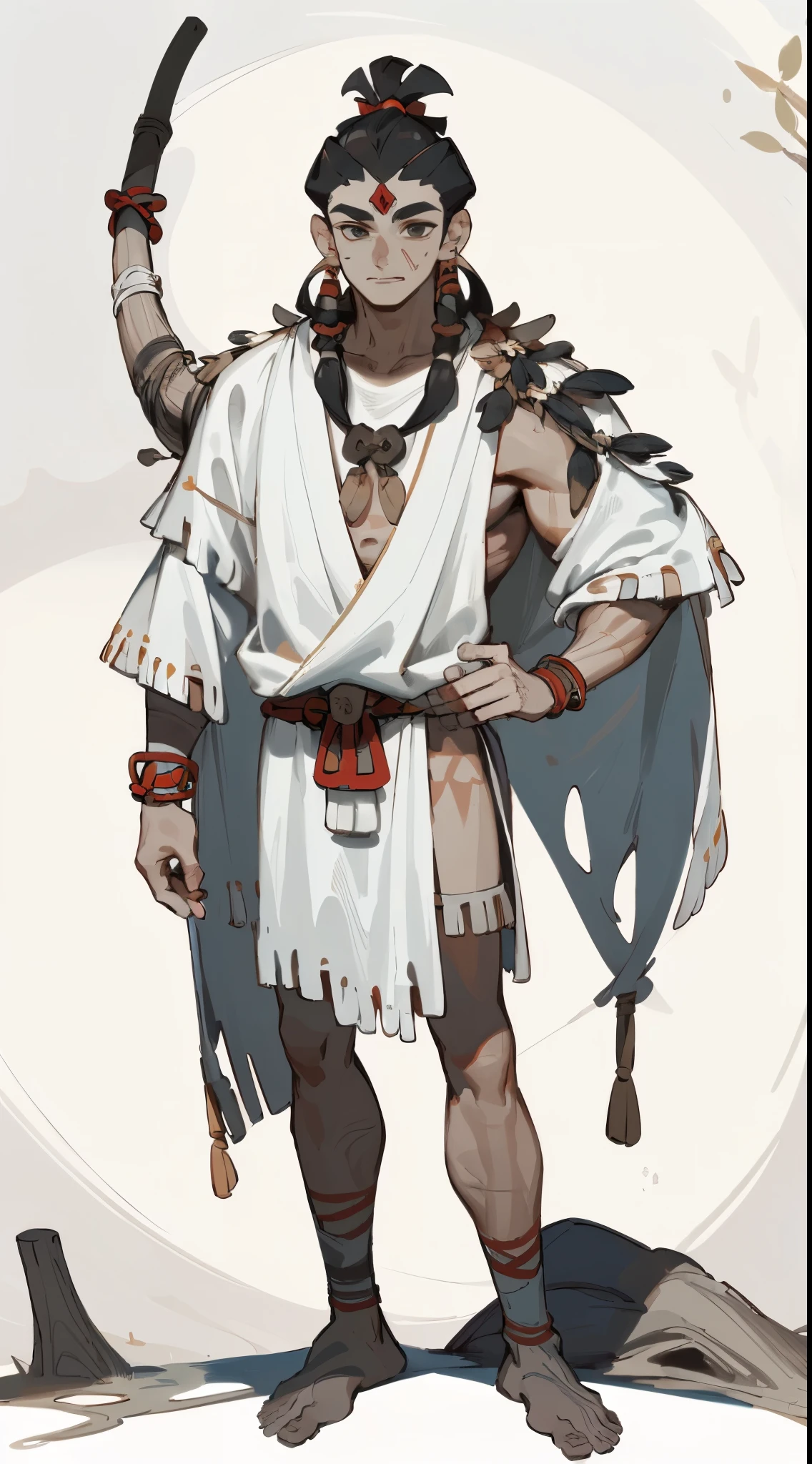 ((tmasterpiece)),(((Best quality at best))),tribal character design，Wearing primitive tribal style clothing，Wearing tribal jewelry，Young men，With a spear，Strong body，A sapling grows from the chest，covered with plants，vine，The whole body from head to toe, ( Background with, white backgrounid: 1.3)