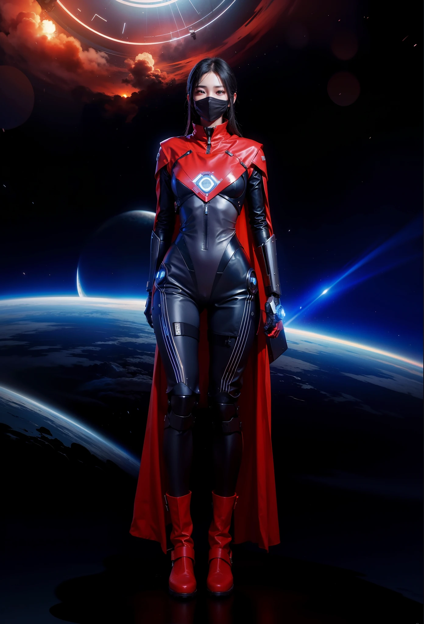 Fantasy cyberpunk world,1 Mechanical Miracle,Robots defend world order;Samurai mechanical armor,Equip transparent weapons,Streamlined black and red design,wearing in black cloak,A big part of a 1-person robot,Art of the highest quality,8K ultra-high resolution,动态照明,cinematic splendor,vivd colour,Wearing a high-tech steel suit,Wearing a cyberpunk space helmet,Luminous mechanical protective mask,High-tech tactical clothing of the future