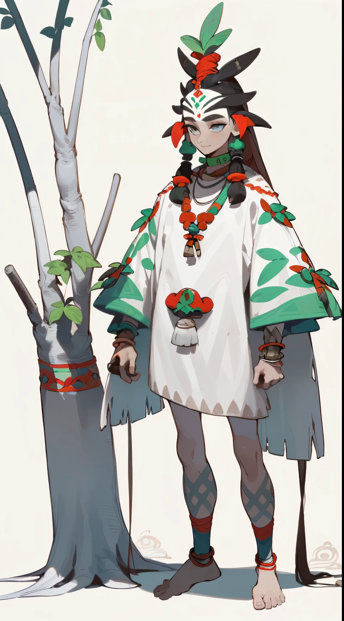 ((tmasterpiece)),(((Best quality at best))),tribal character design,Wearing primitive tribal style clothing,Wearing tribal jewelry,femele,With a spear,(Plants and roots grow on the body),A sapling grows from the chest,vine,The whole body from head to toe, ( Background with, white backgrounid: 1.3)