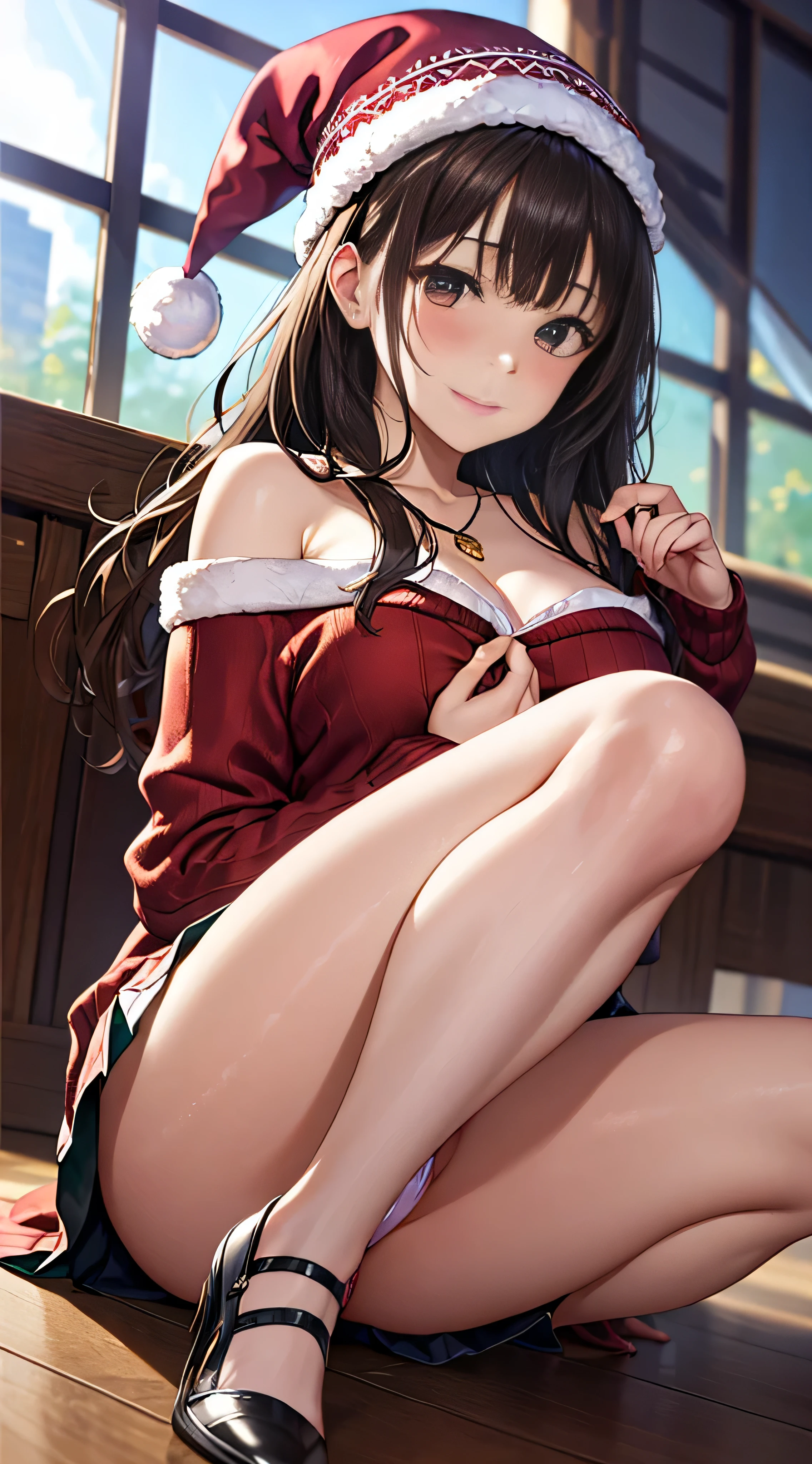 ((masutepiece, Best Quality, hight resolution, nffsw, Perfect Pixel, 4K, nffsw, nffsw))), 1girl in, Single, Solo, Beautie、full body seen、 ((Medium length wavy hair, Bangs, Brown hair)), ((Brown-eyed, Beautiful eyelashes, Realistic eyes)), ((Detailed face, Blushing:1.2)), ((Smooth texture:0.75, Realistic texture:0.65, Photorealistic:1.1, Anime CG style)), medium breasts, Dynamic Angle, Perfect body, ((Santa Claus Costume、 red and white knit hat、Red off-the-shoulder sweater、red and white long flared skirt、 Black stockings、high-heels)), Kamimei、a necklace、耳环、Classrooms without people、Sit on a desk、Lower&#39;I took my foot off the desk.......................................、early evening、、、Very embarrassing panic smile、(((Lift the skirt with your right hand、rubbing the chest with the left hand、Open both legs、Open your knees wide)))、(Pink floral lace panties)、、、Angle from below