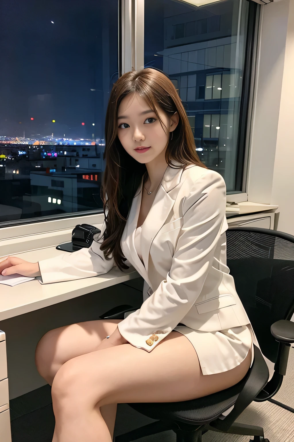 1 girl m、japanse、 (Soio)、18year old、(Sitting on a chair in the office)、She's looking at it、The background is the night view seen from the window.(ultra cute girl:1.5)、(A detailed face)、Textured Leather、Bare legged、Brown hair、(Suits)、Office at work、office desk and chair、There are many night views in the window.