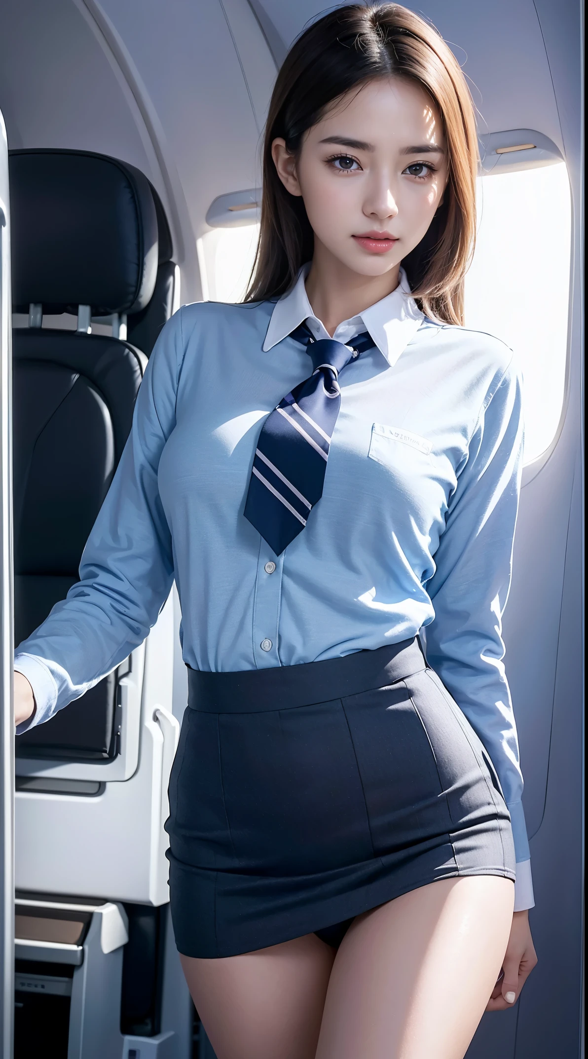 Top Quality, Masterpiece, 8K, Ultra High Definition, (Photorealistic: 1.4), 1 Girl, beautifull face, symmetry eyes, Big, perfect body proportions, Stewardess uniform, The beholder's gaze, (Inside the Airplane: 1.2), Front view, shoulder jump, Absolute area (1.3),