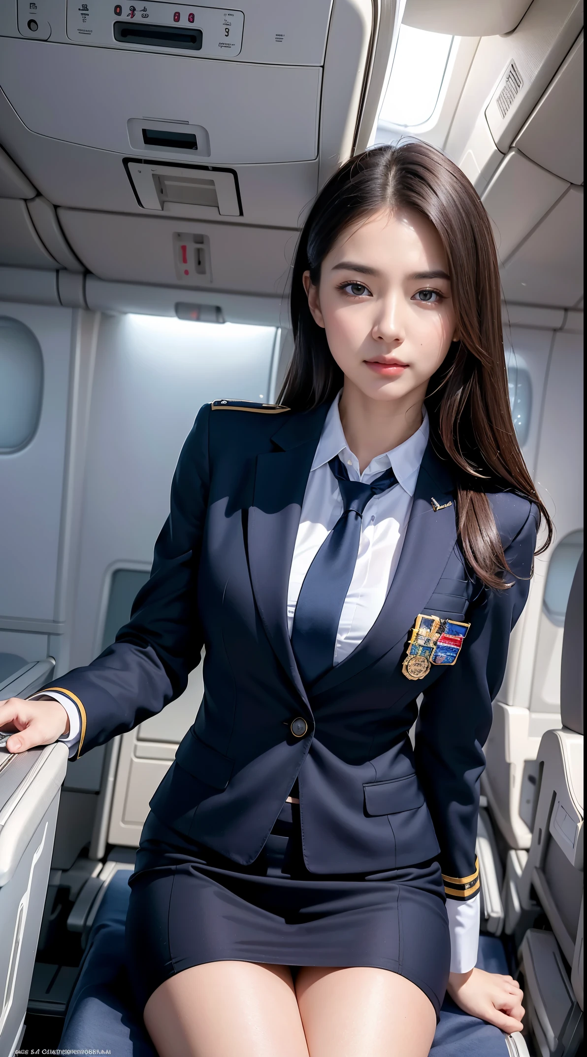 Top Quality, Masterpiece, 8K, Ultra High Definition, (Photorealistic: 1.4), 1 Girl, beautifull face, symmetry eyes, Big, perfect body proportions, Stewardess uniform, The beholder's gaze, (Inside the Airplane: 1.2), Front view, shoulder jump, Absolute area (1.3),