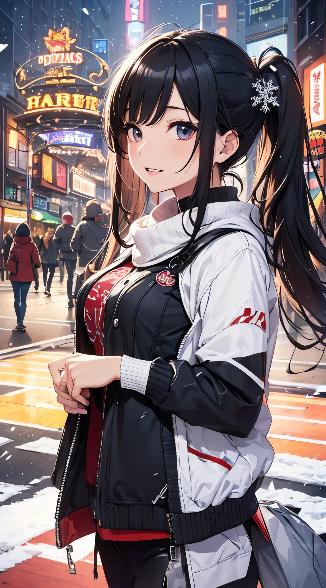top-quality、Top image quality、​masterpiece、Teenage girl((cute black costume、18year old、 Ager、Best Bust、big bast,Black eyes, Black hair、poneyTail、A slender,Large valleys、Laugh、catch someone&#39;s hand)),hiquality、Beautiful Art、Background with((An amusement park、In front of the hotel、nighttime scene、snow blowing、Oyuki、snowflakes falling))​masterpiece、depth of fields,Cinematic style