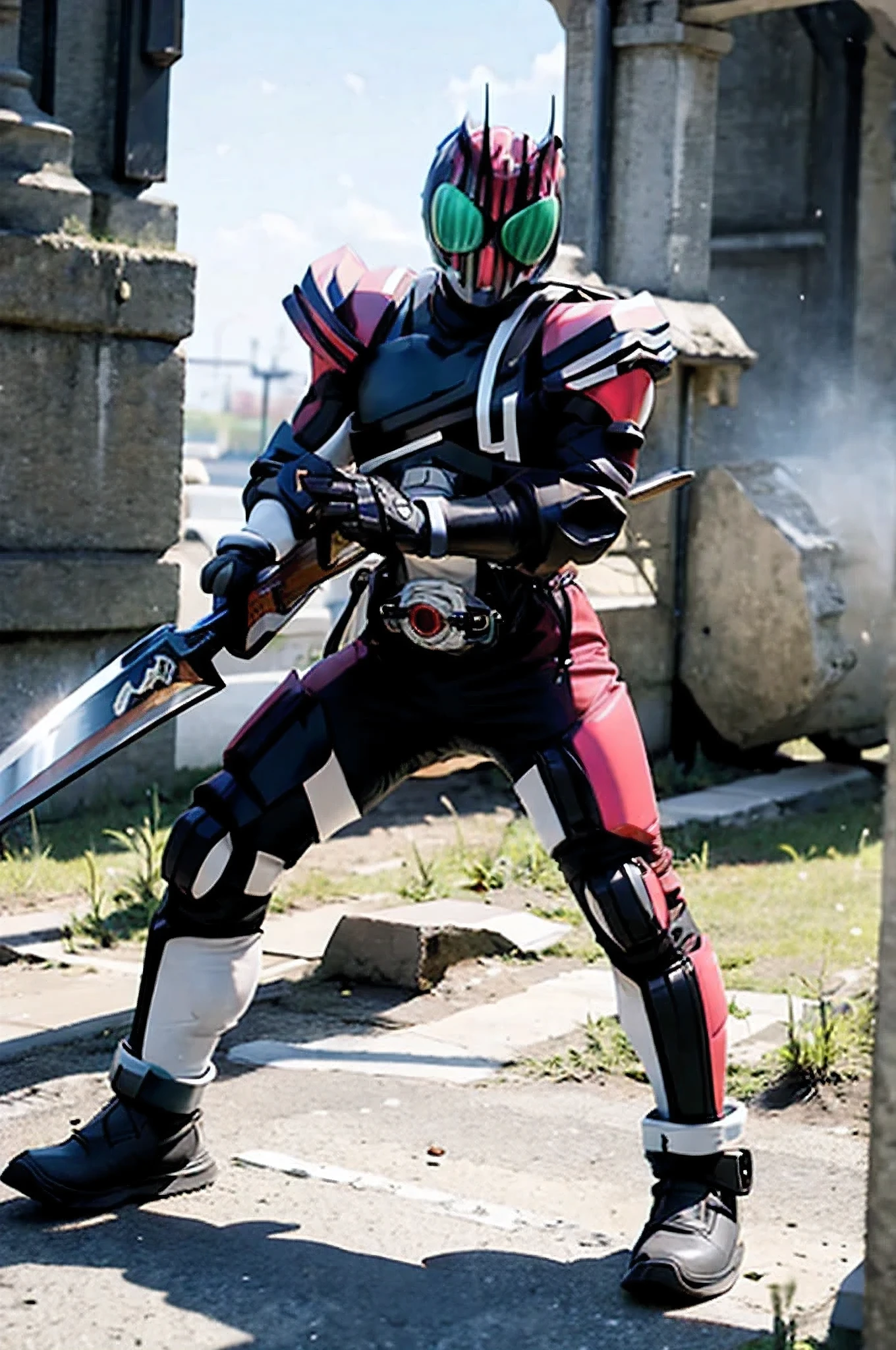 high quality, best quality, 8 k,realistic,detailed face, detailed clothes, decade, 1boy,male focus ,full body ,weapon, holding weapon
