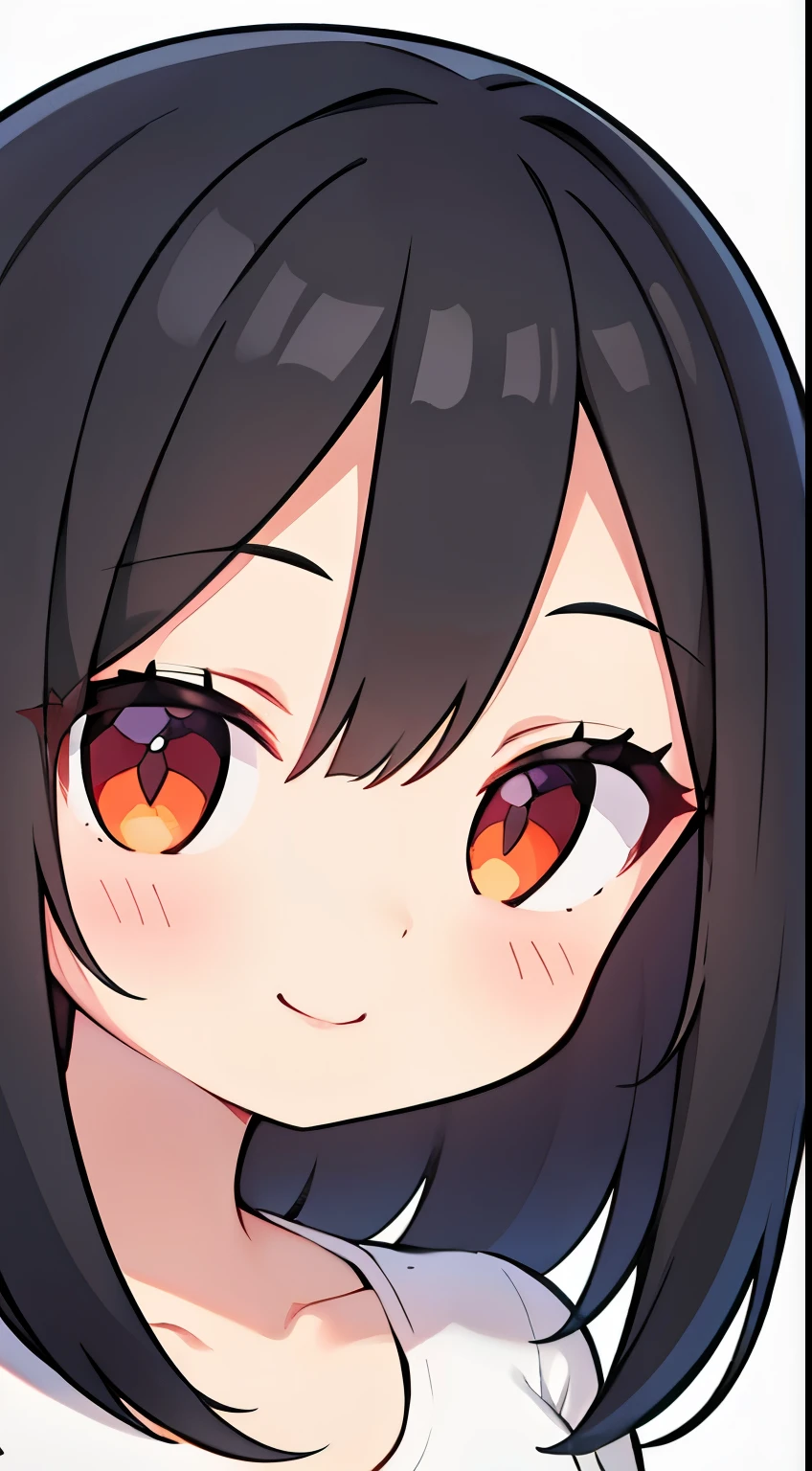 One girl with black hair, hair length until bust, straight hair, hair parted in center of head, round face. hairstyle with a center part, that the hair should be parted down the middle, creating a symmetrical look without any frontal hair covering the forehead. Looking straight. Looking straight at viewers. Smiling. Happy. Wearing casual shirt. Straight pose. Frontal view