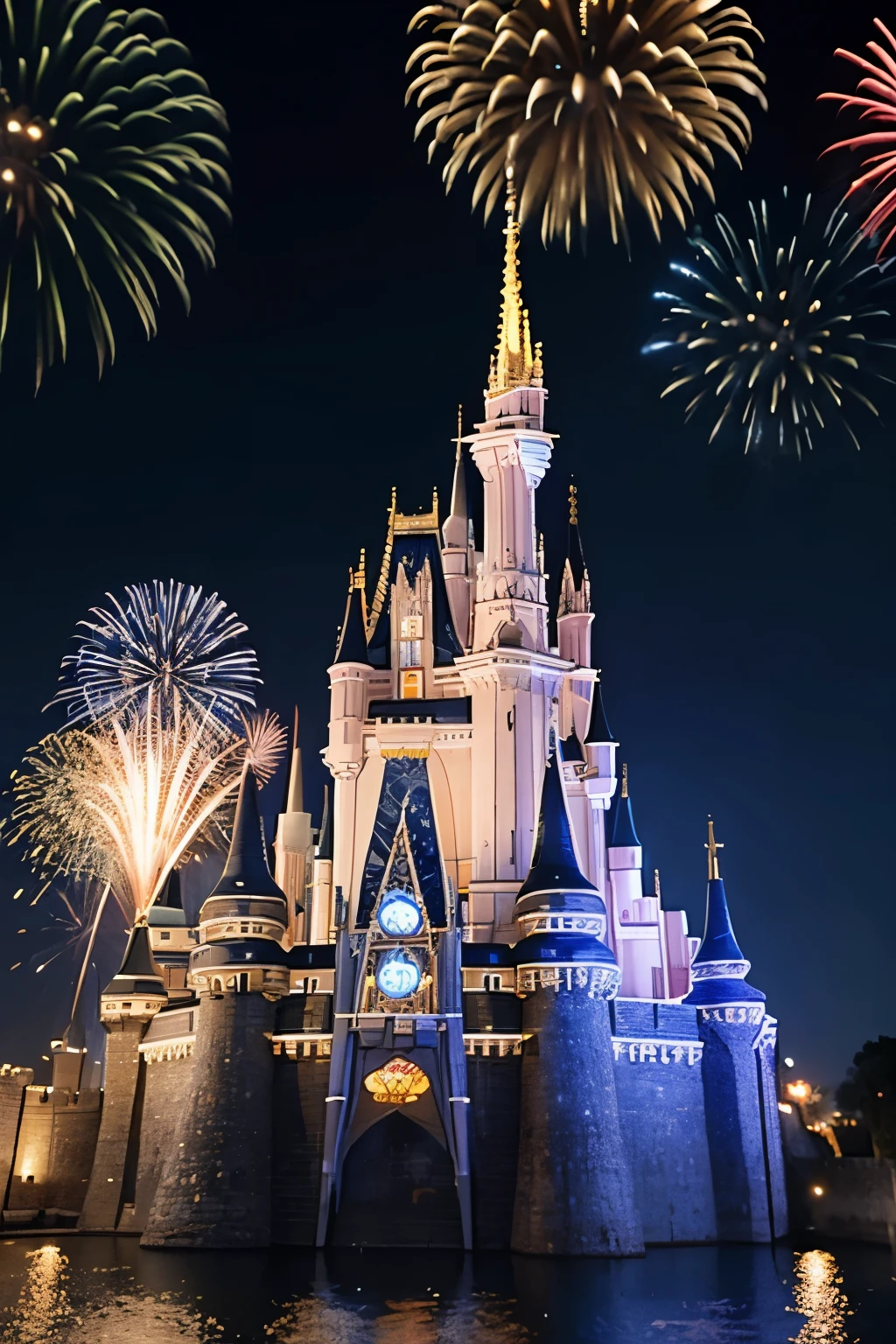 3D,Disney Castle,中景 the scene is,Chinese New Year,Lots of fireworks blooming,In front of the castle,Best quality at best,high high quality,high end