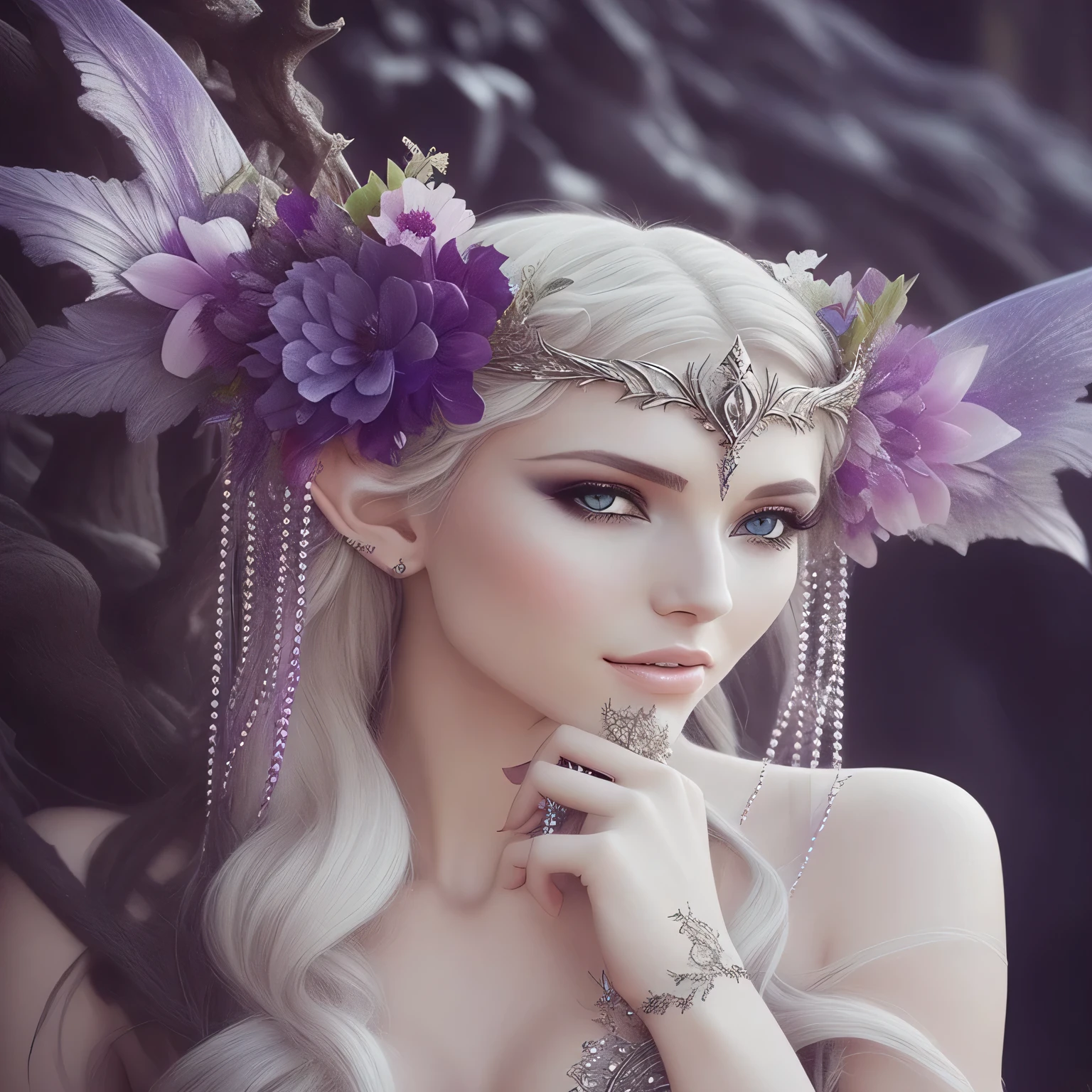 a close up of a woman with a flower crown on her head, elfo bonito com pele violeta, olhar de fada, linda fada rainha, Fantasia Inspirada, bela feiticeira faery, beautiful elven princess, bela condessa elfa escura, Rainha elfa bonita e elegante, muito bonito elven top model, ((uma bela empresa de fantasia, beautiful and elegant demon queen