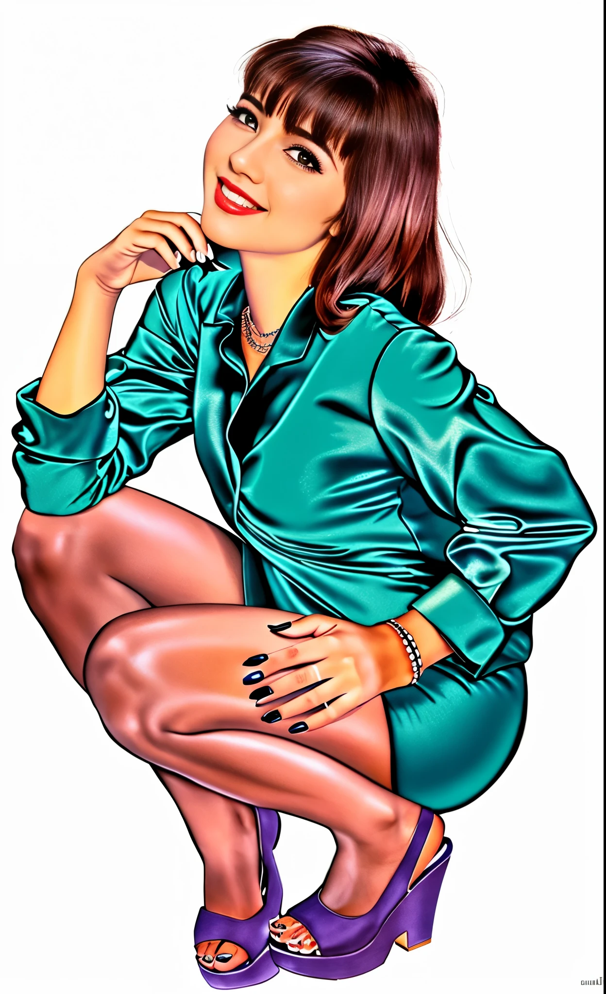 Mulher pinup scifi vintage, blond hair, leather, Nylons, cenario scifi, Planeta futurista