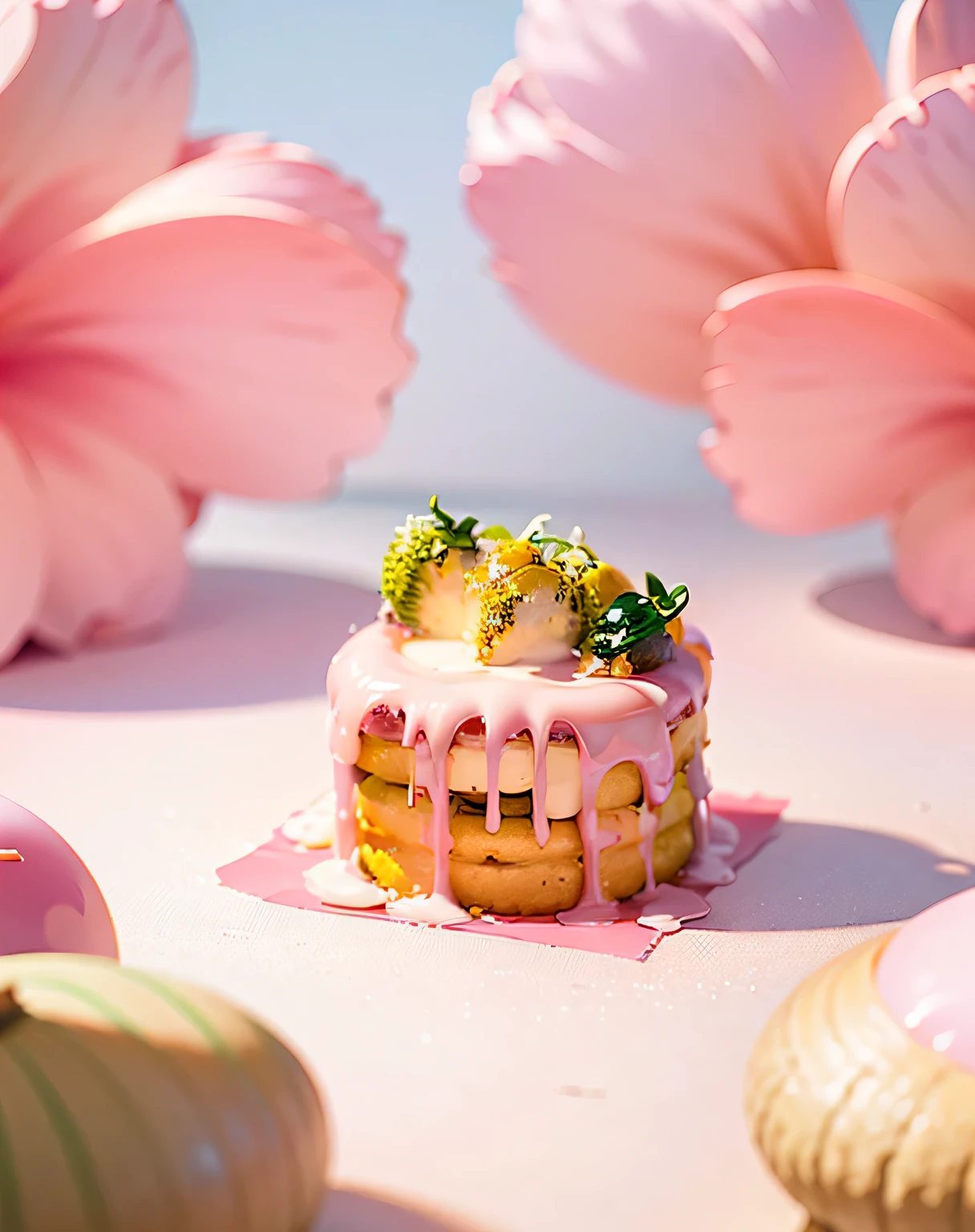 (grassy莓蛋糕下面放一个光滑的盘子)(电影灯光),(A high resolution),(ultra - detailed),4K, Smooth and smooth appearance, There are cute elements mixed in everywhere, such as flowers,grassy,grassy莓, inner strength, Fiery, Gives people a playful and whimsical feel. add a touch of elegance. The overall color scheme is mainly light pink, Create a dreamy and romantic atmosphere. The lighting is soft and diffused, Casts a soft glow over the cupcakes and any colorful candies surrounding them.