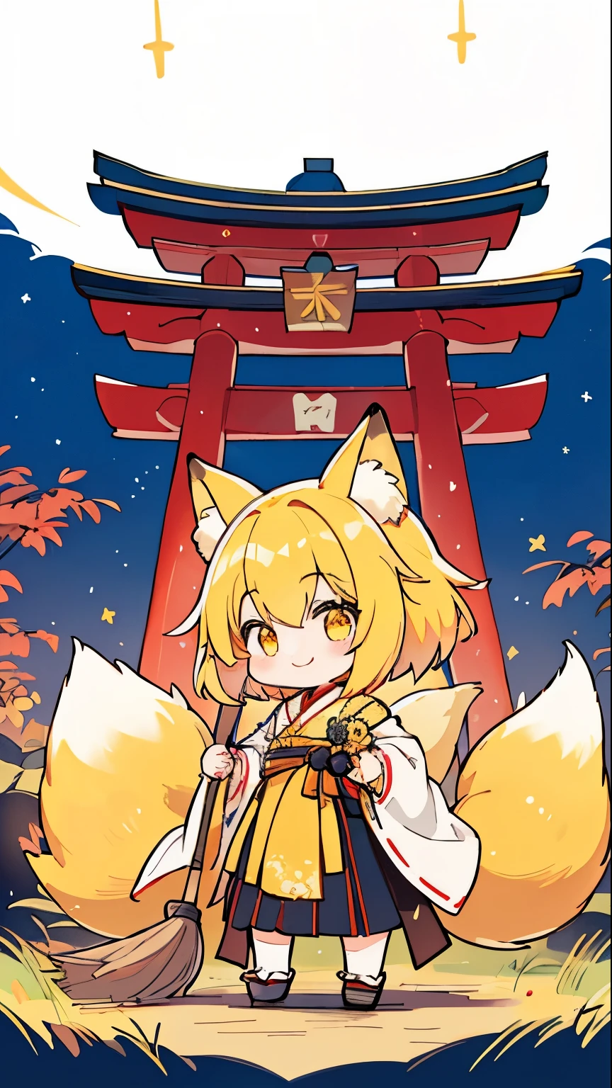 one girls。Cute little girl s。Yellow hair。short-hair。yellow fox ears。yellow fox tail。A slight smil。see the beholder。Japan priestess costume。hold a long broom with both hands。The background is a shrine of Japan。