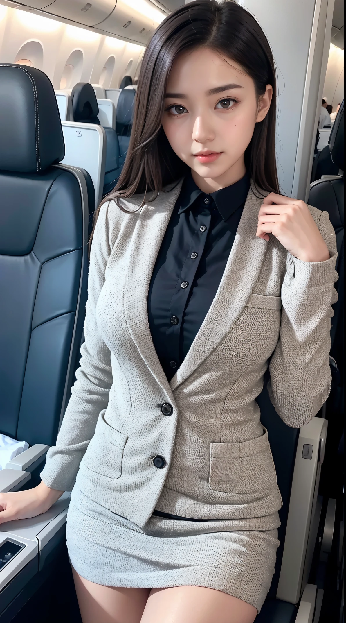 Top Quality, Masterpiece, 8K, Ultra High Definition, (Photorealistic: 1.4), 1 Girl, beautifull face, symmetry eyes, Big, perfect body proportions, Stewardess uniform, The beholder's gaze, (Inside the Airplane: 1.2), Front view, shoulder jump, Absolute area (1.3),