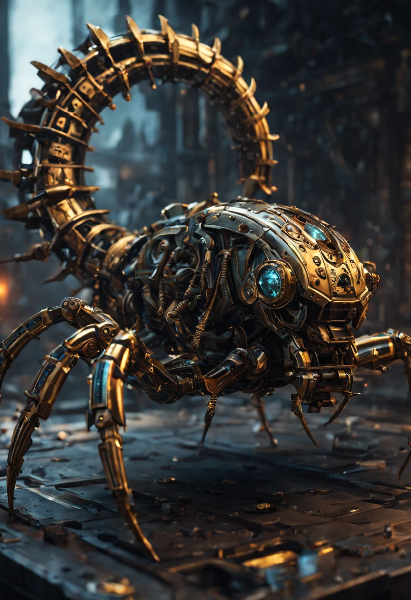 Intricate and detailed streampunk clockwork mechanical scorpion with tail, (intricate mech details, ground level shot, polished metal, sci-fi, futuristic, Photorealistic, Cinematic, Hyperrealistic, hyperdetailed, splash art, intricately detailed, color depth, colorful background, a masterpiece, 8k resolution, dark fantasy concept art, dynamic lighting, trending on Artstation, deep color, volumetric lighting: .9)